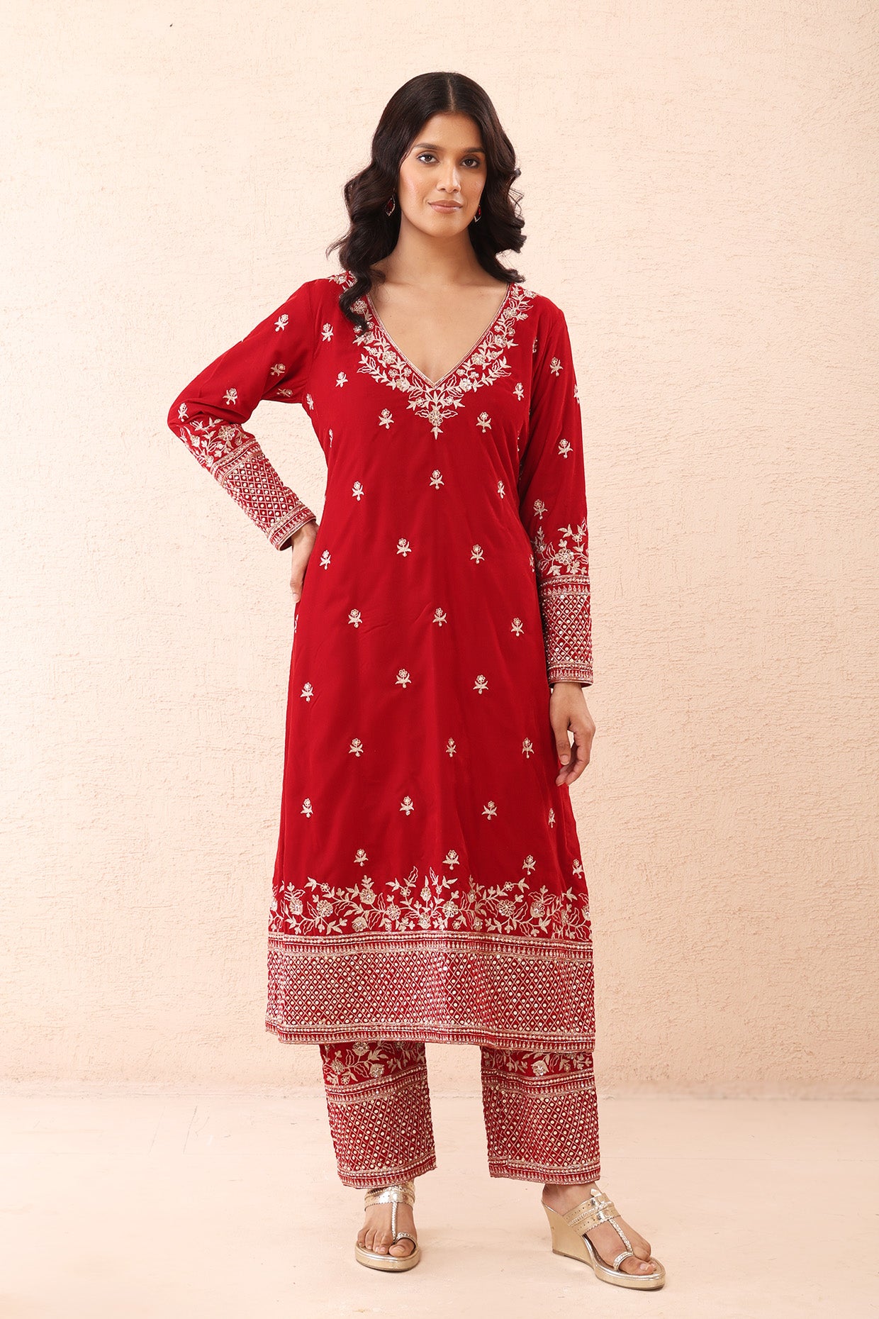 Crimson Aari Velvet Kurta Set