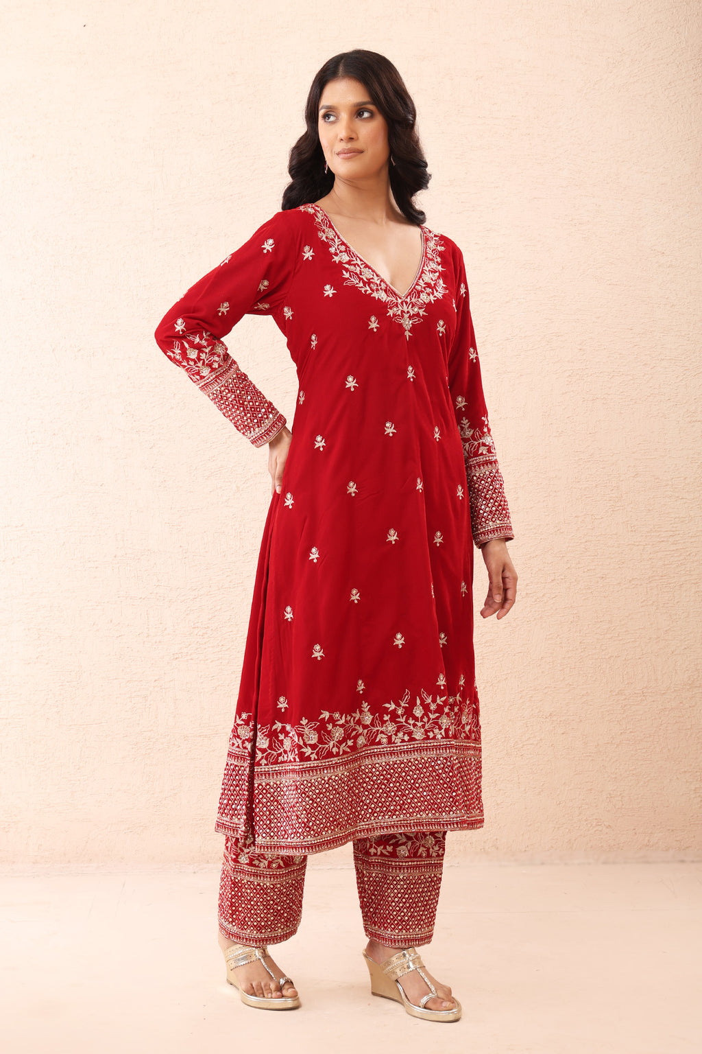 Crimson Aari Velvet Kurta Set