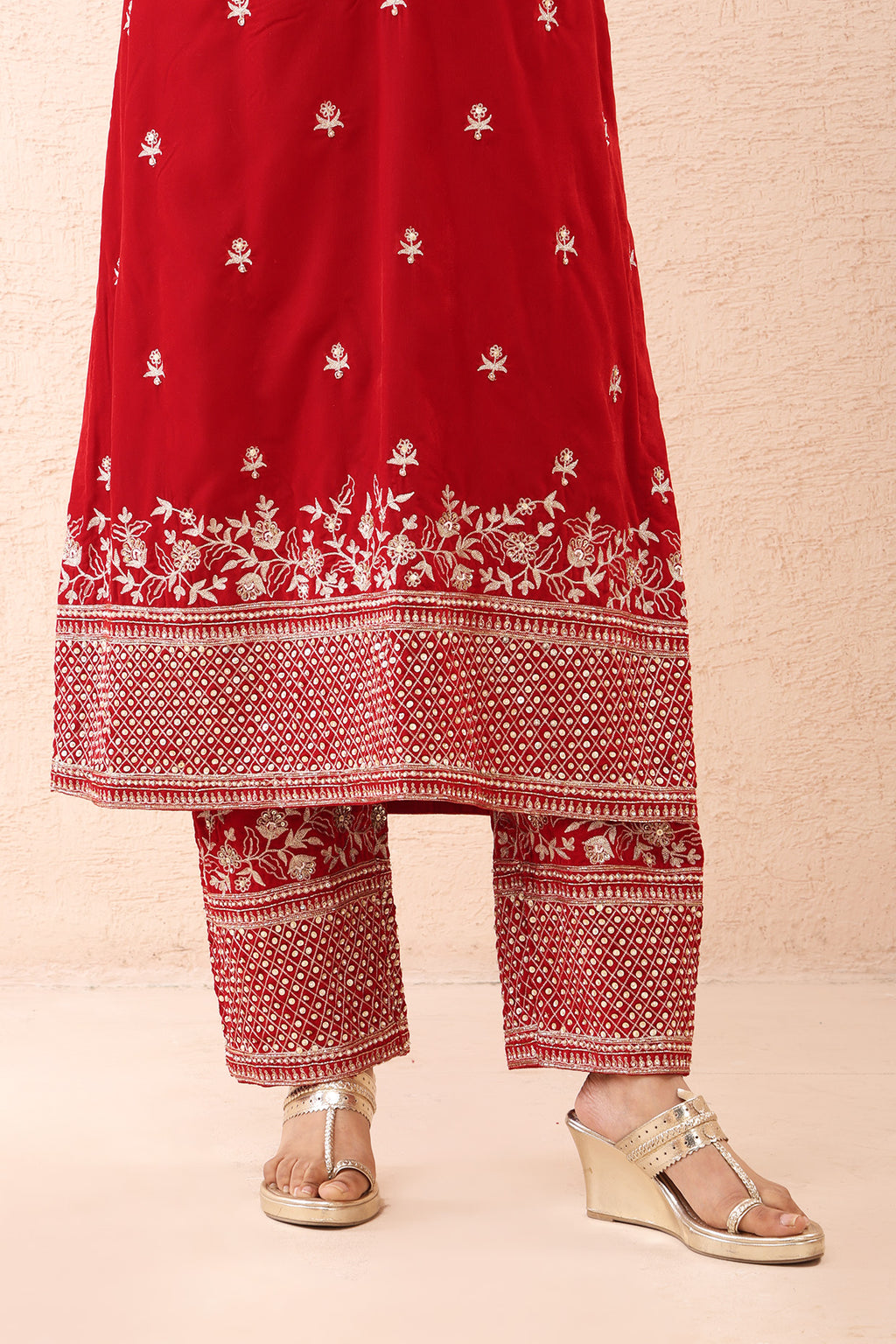 Crimson Aari Velvet Kurta Set