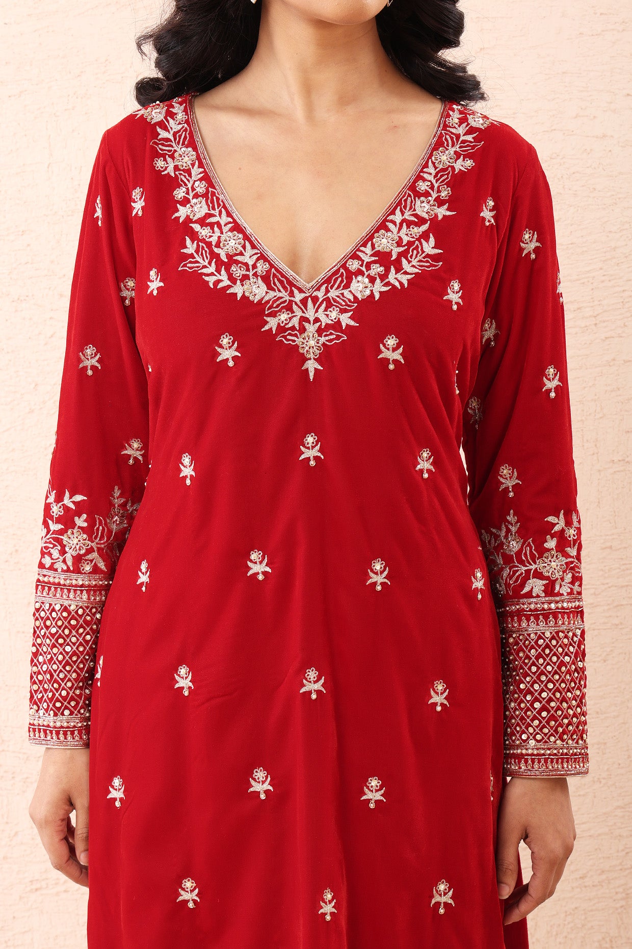 Crimson Aari Velvet Kurta Set