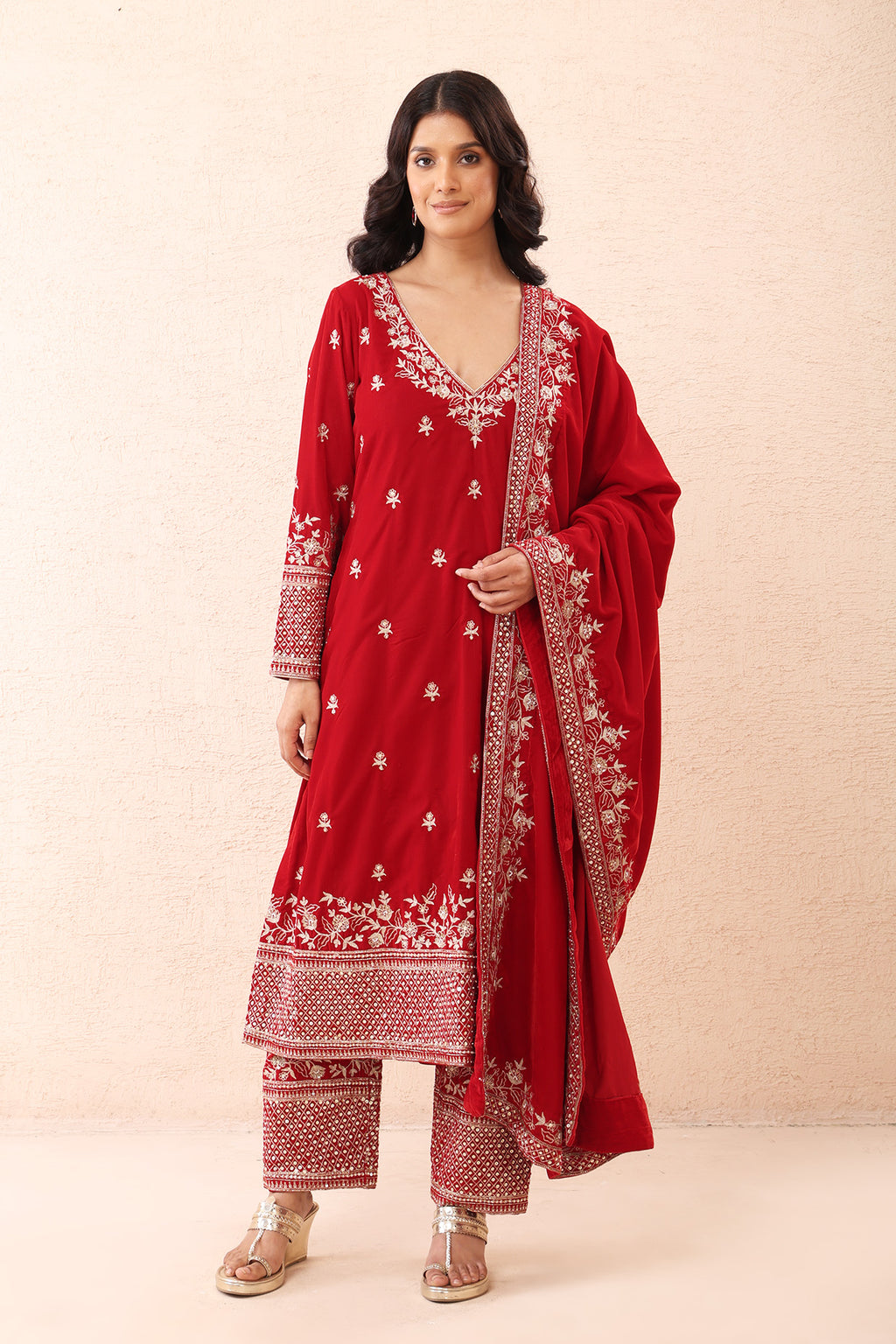 Crimson Aari Velvet Kurta Set