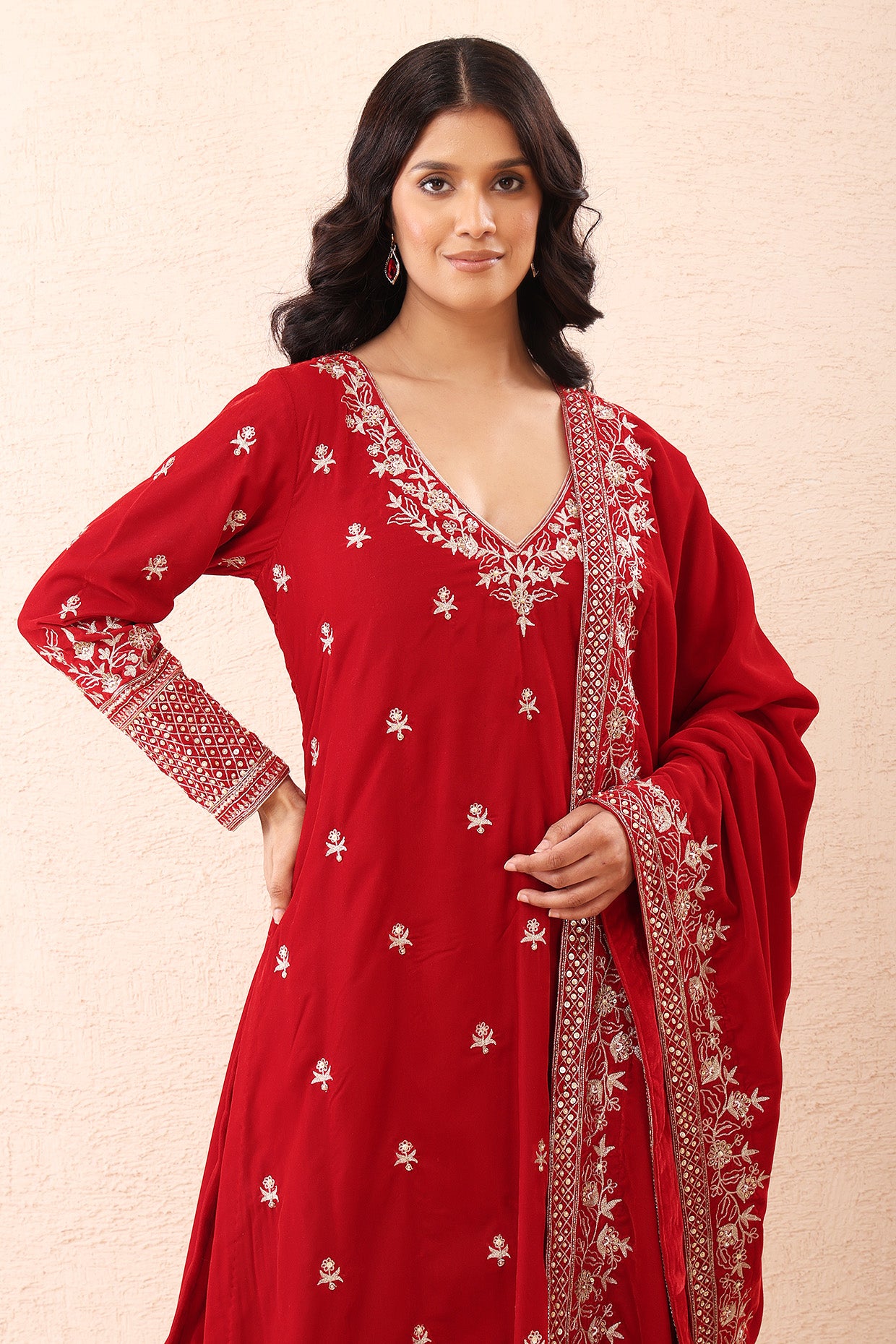 Crimson Aari Velvet Kurta Set