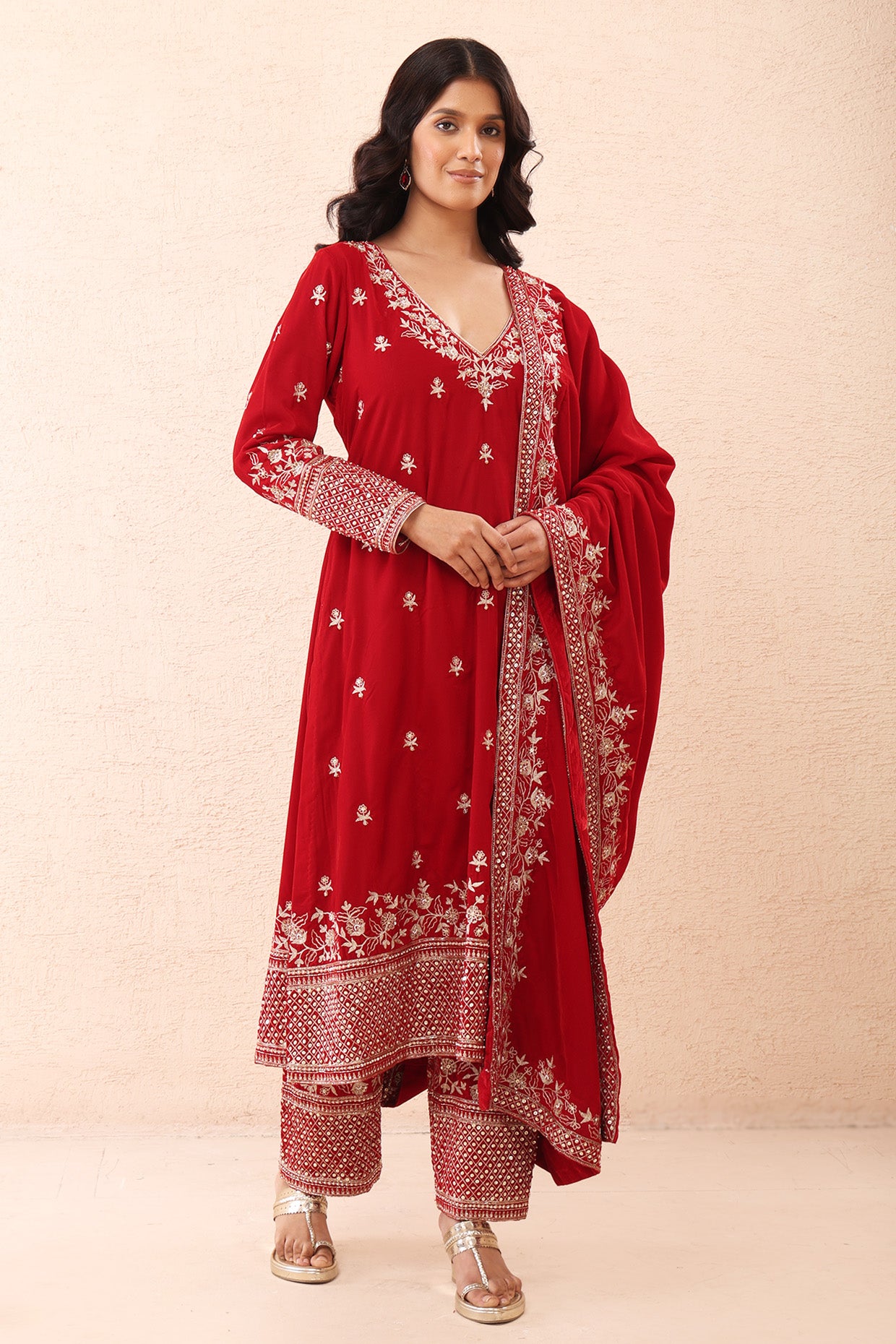 Crimson Aari Velvet Kurta Set