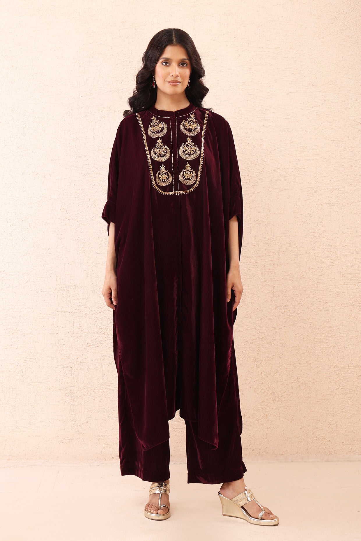 Wine Velvet Kaftan Co-ord Set