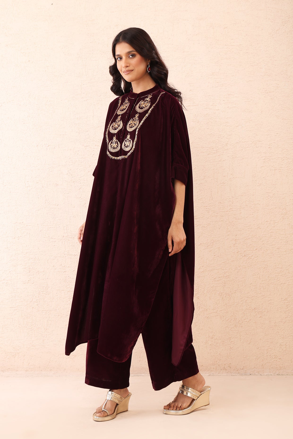 Wine Velvet Kaftan Co-ord Set