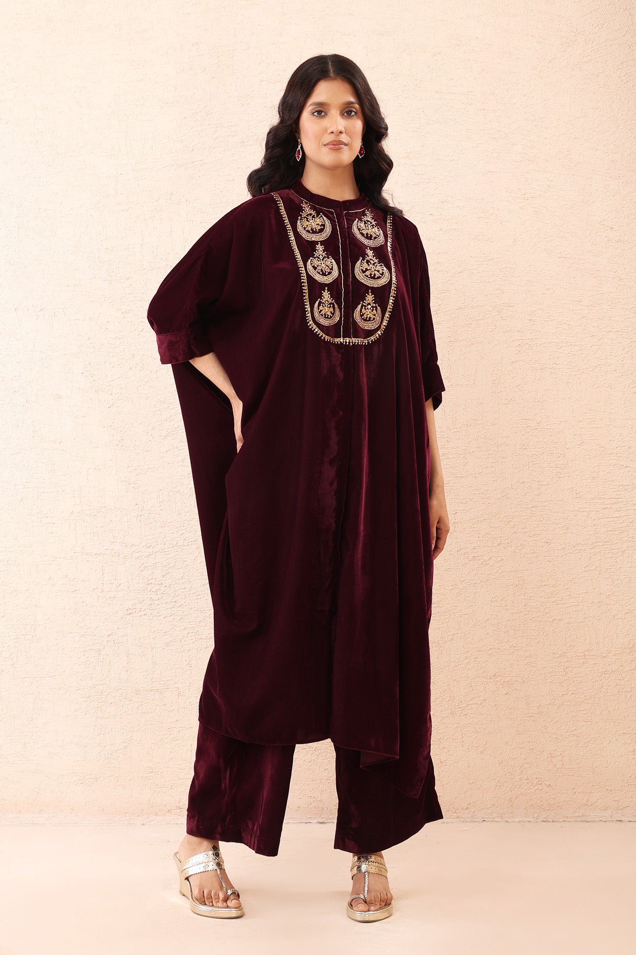 Wine Velvet Kaftan Co-ord Set