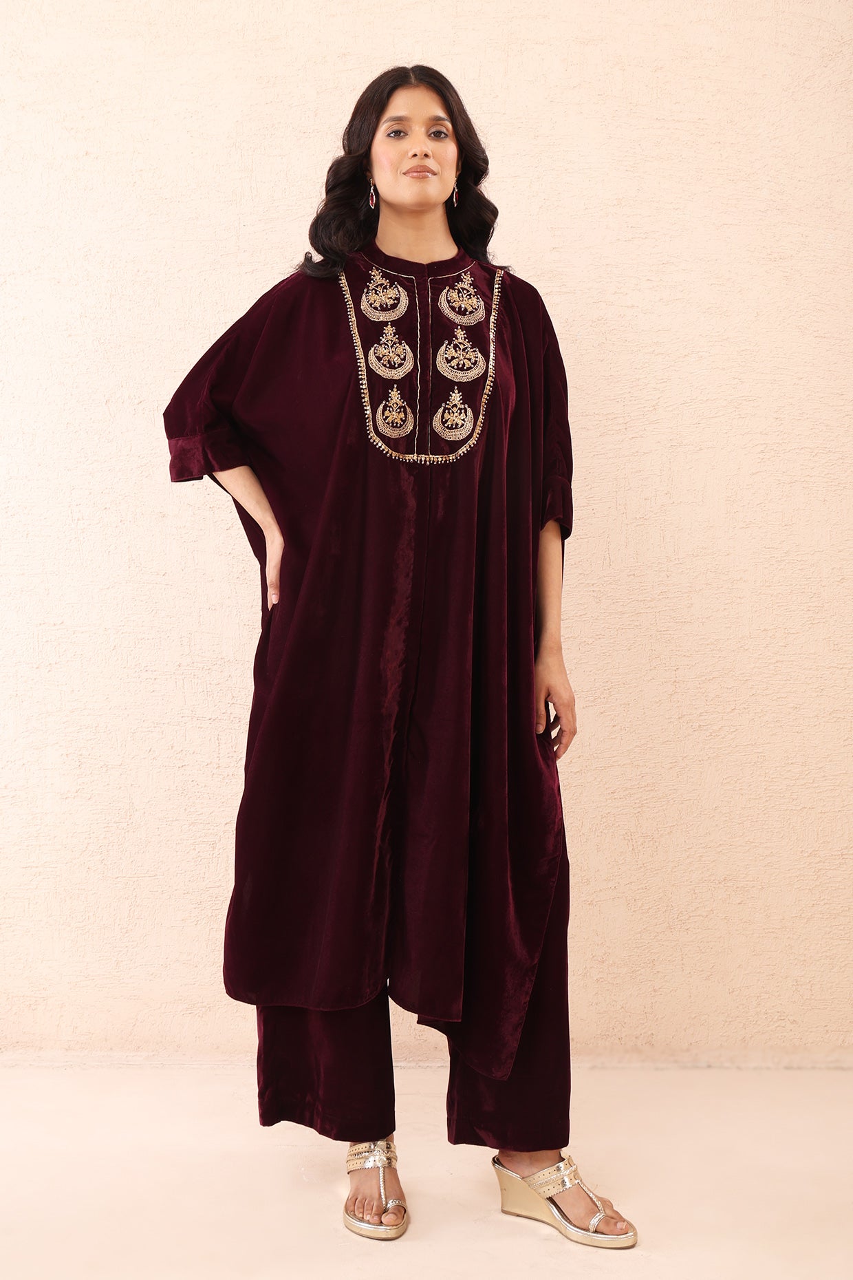 Wine Velvet Kaftan Co-ord Set