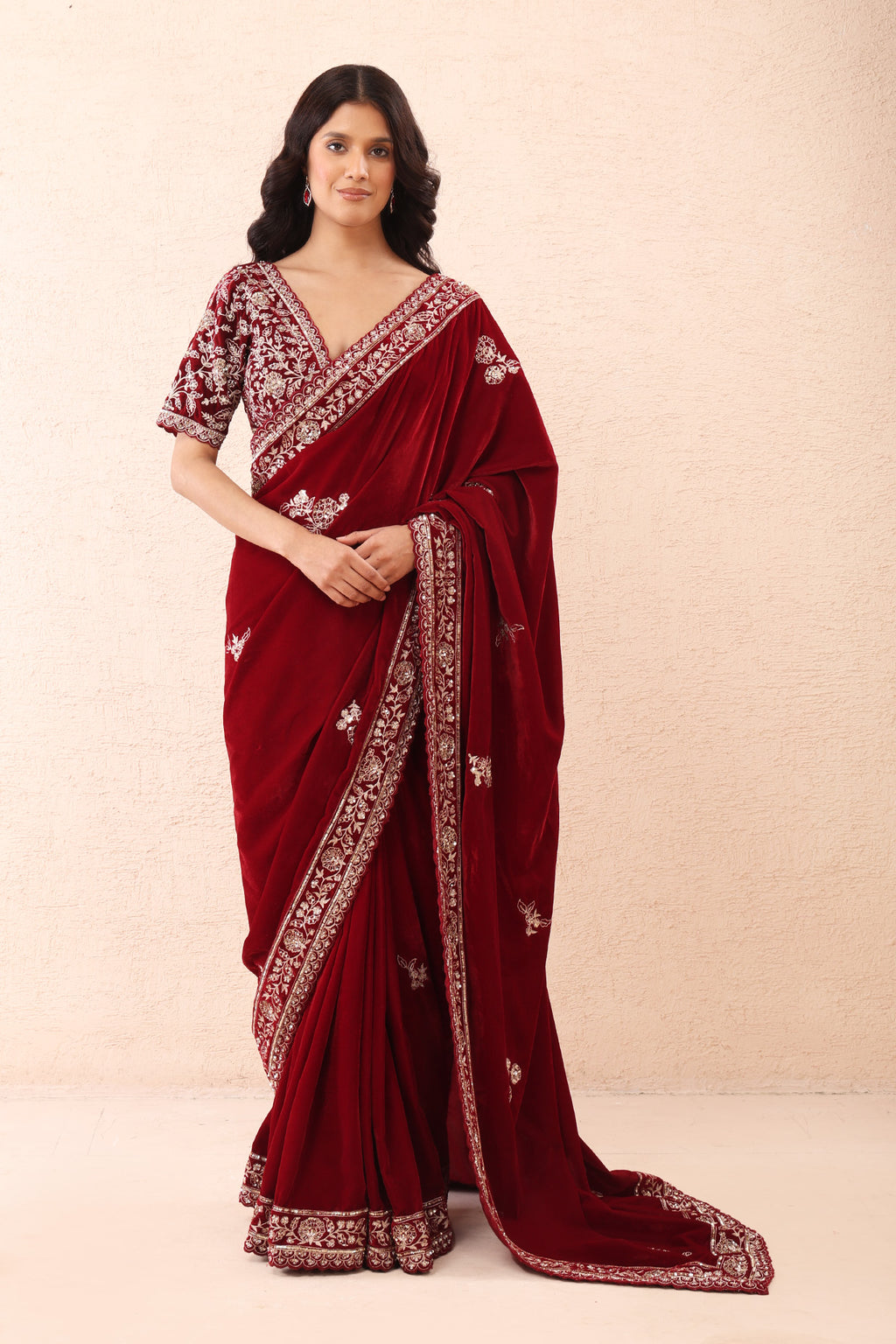 Burgundy Aari Pre Stitched Saree Set