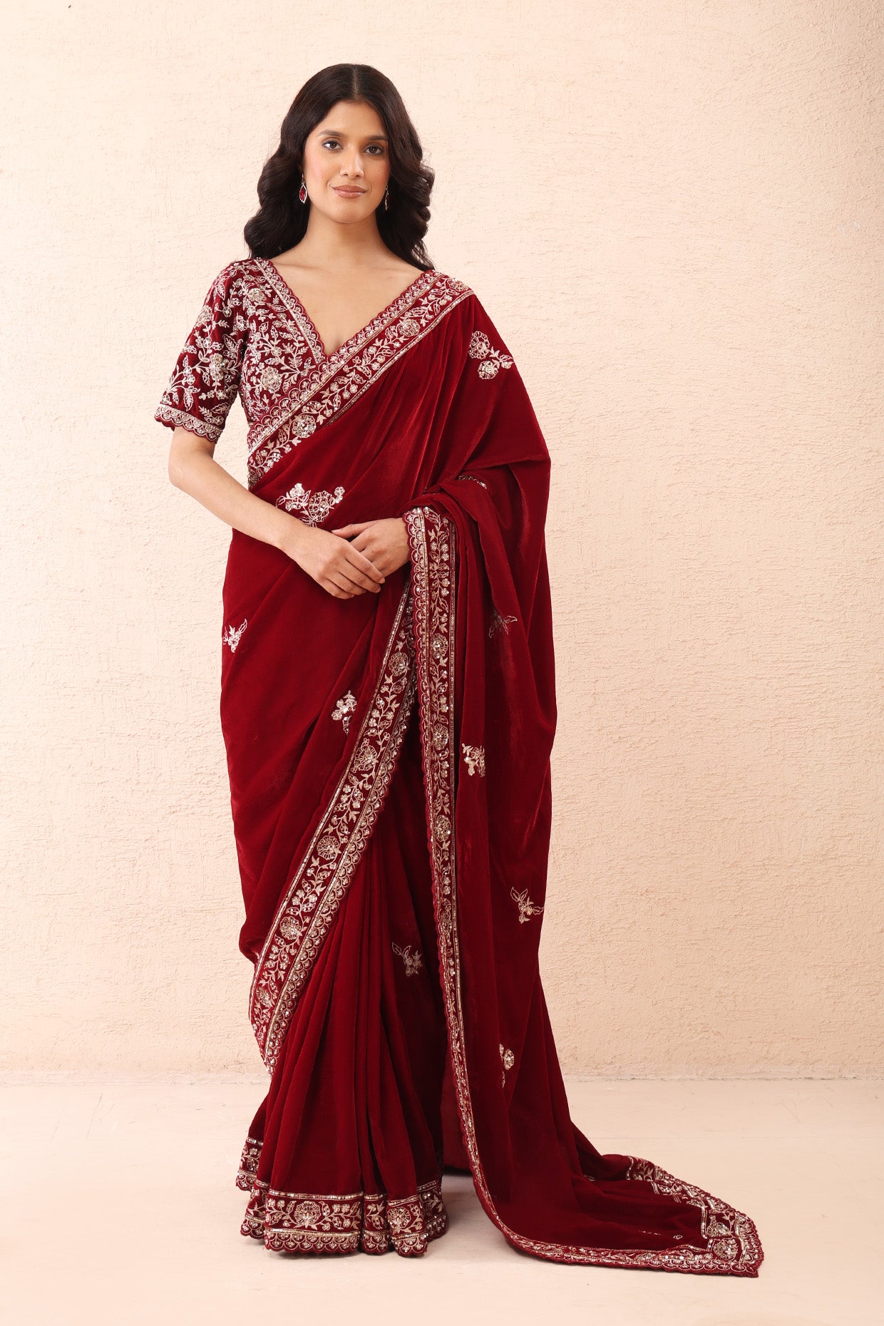 Burgundy Aari Pre Stitched Saree Set