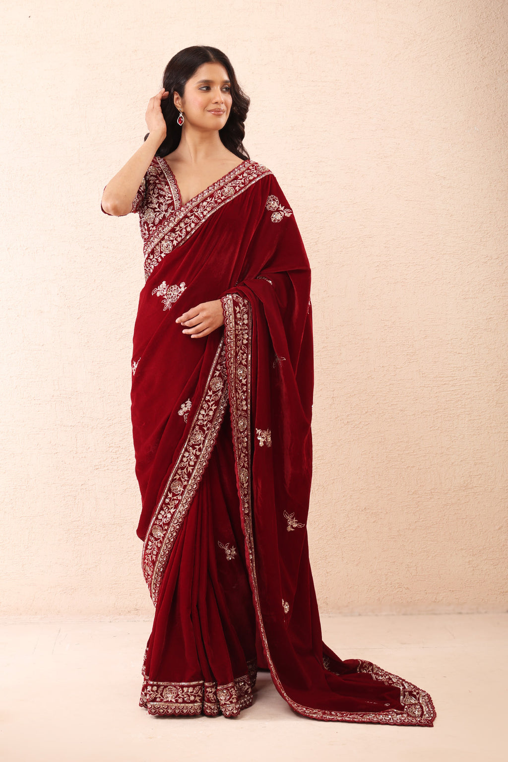 Burgundy Aari Pre Stitched Saree Set