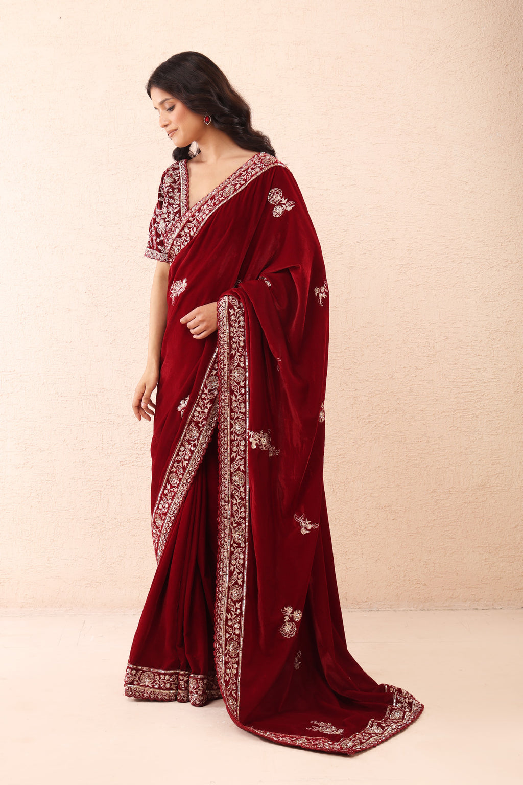 Burgundy Aari Pre Stitched Saree Set