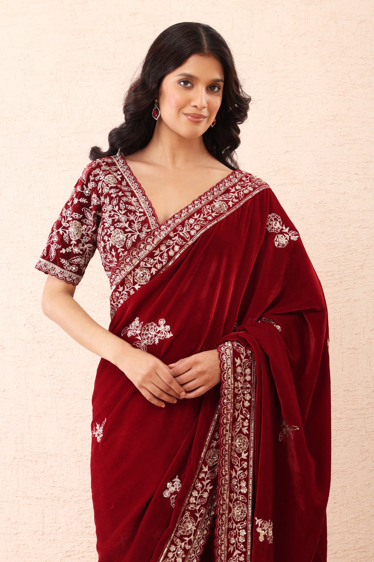Burgundy Aari Pre Stitched Saree Set