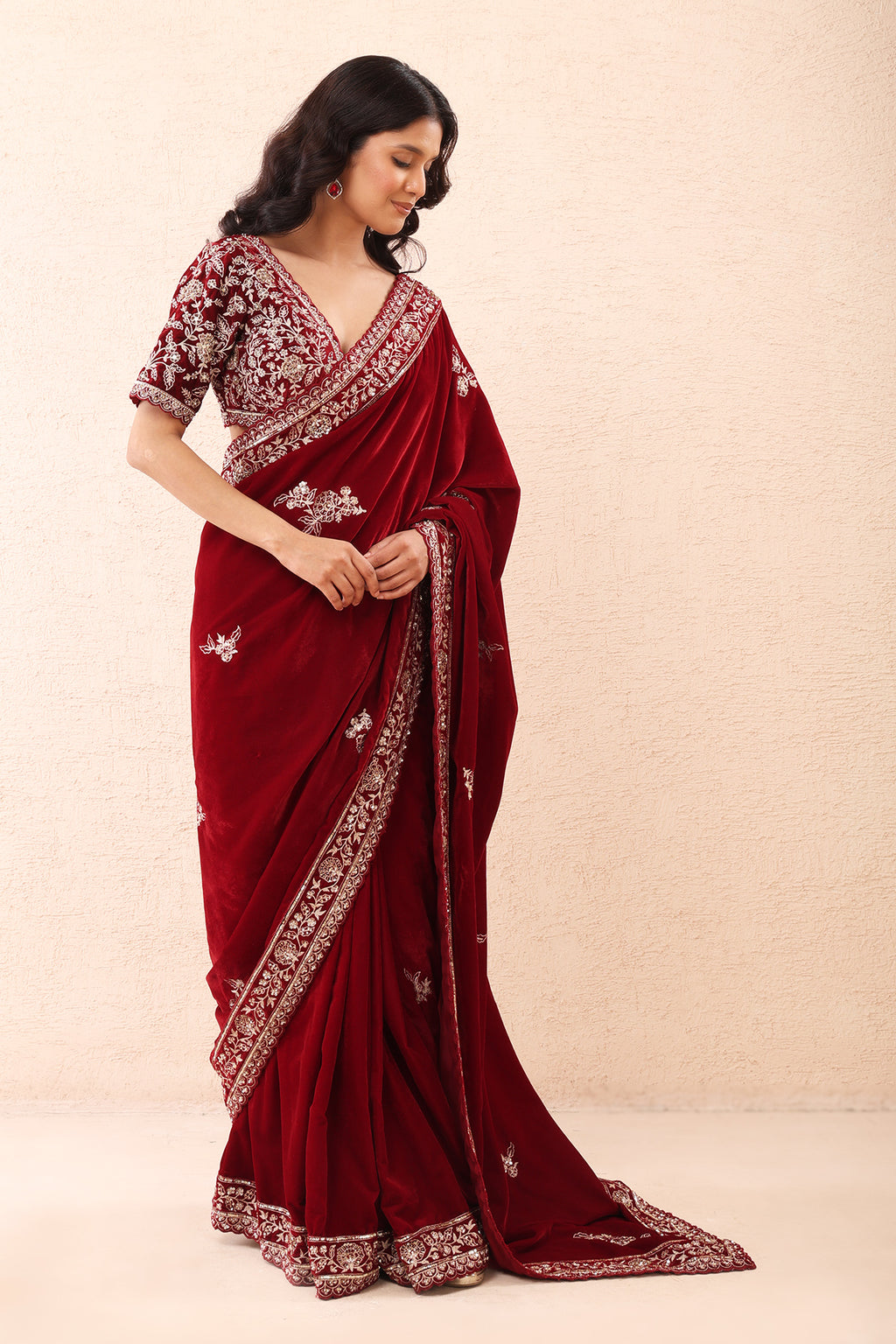 Burgundy Aari Pre Stitched Saree Set