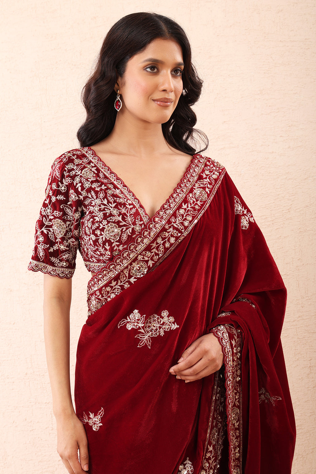 Burgundy Aari Pre Stitched Saree Set
