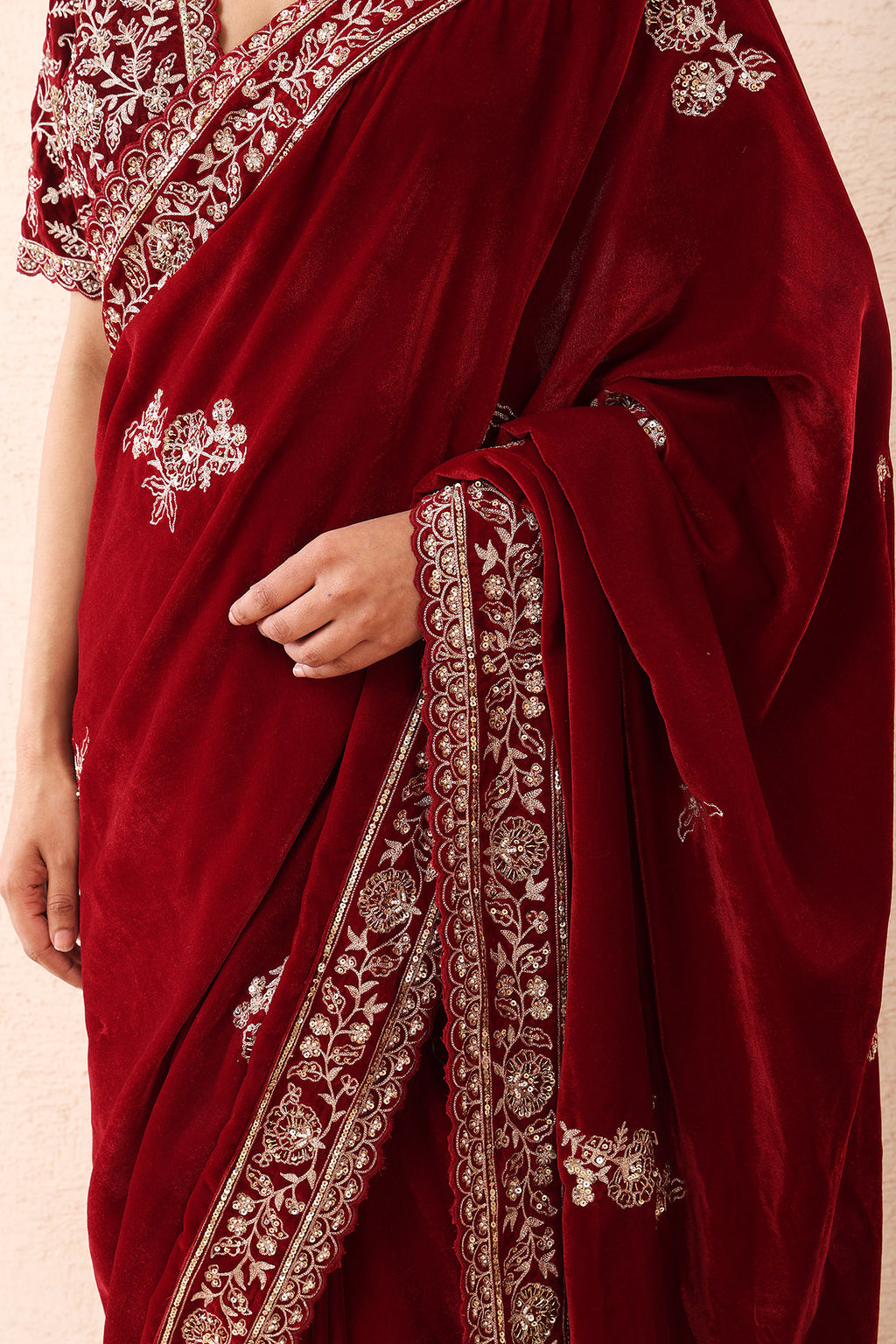 Burgundy Aari Pre Stitched Saree Set