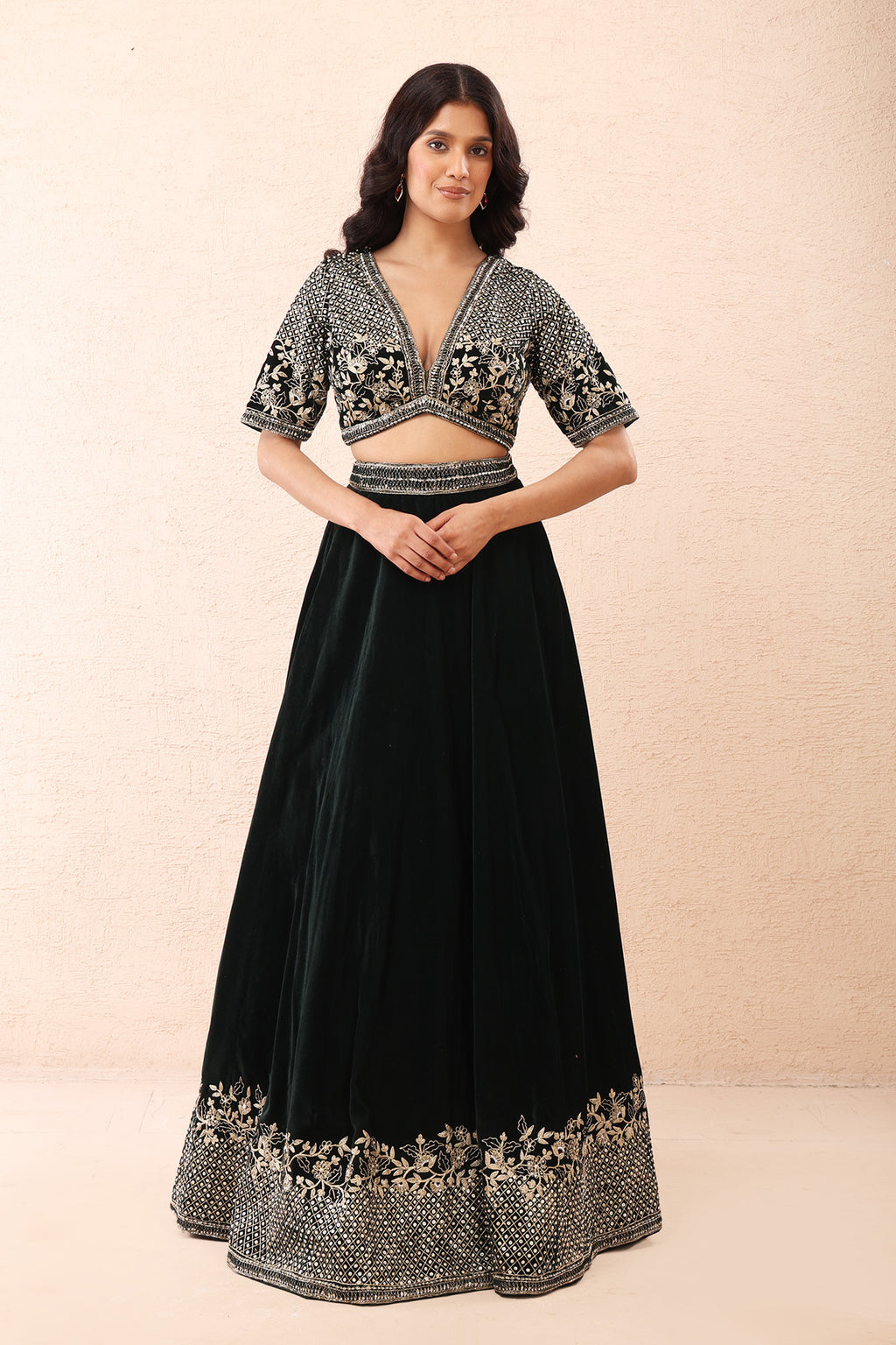 Emerald Aari Velvet Lehenga Set