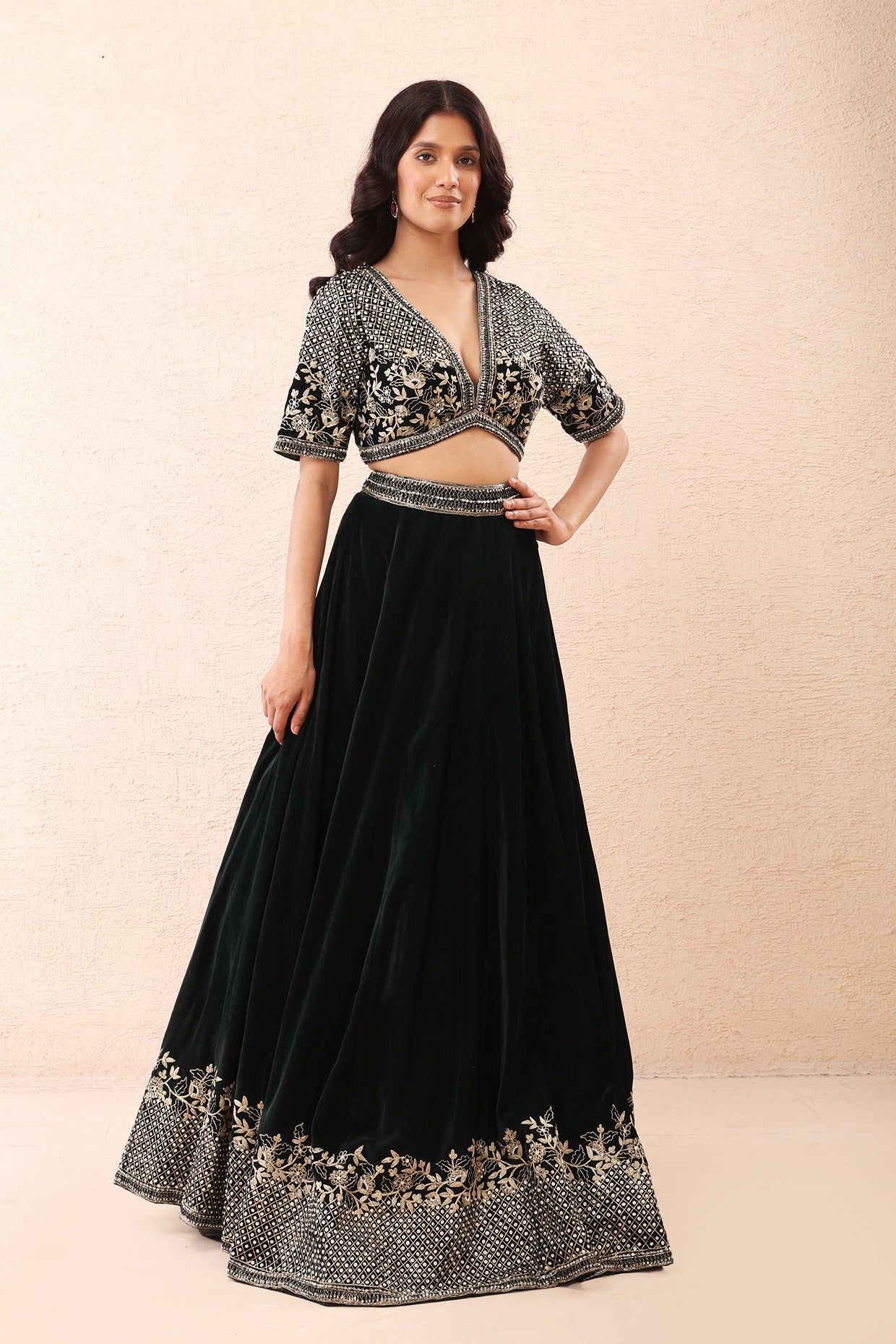 Emerald Aari Velvet Lehenga Set