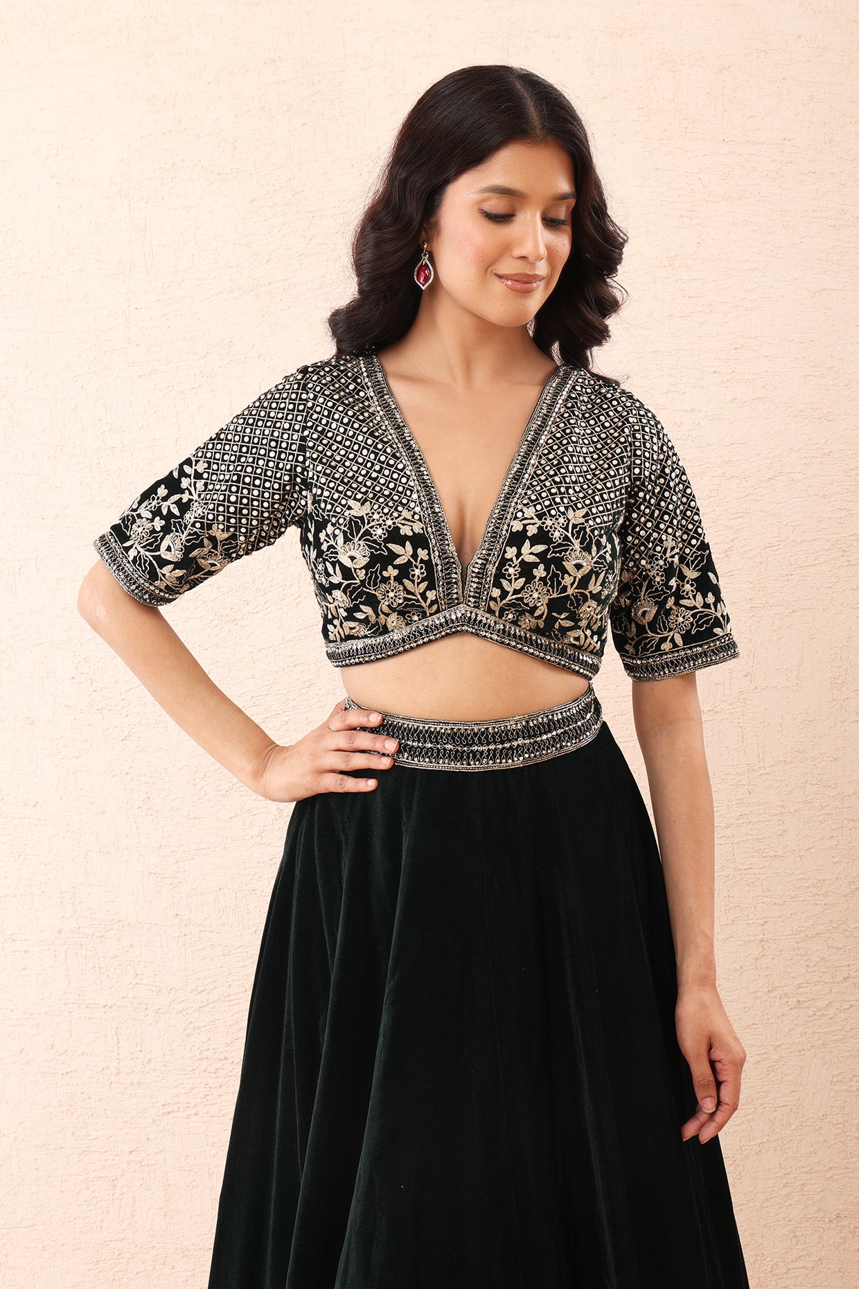 Emerald Aari Velvet Lehenga Set