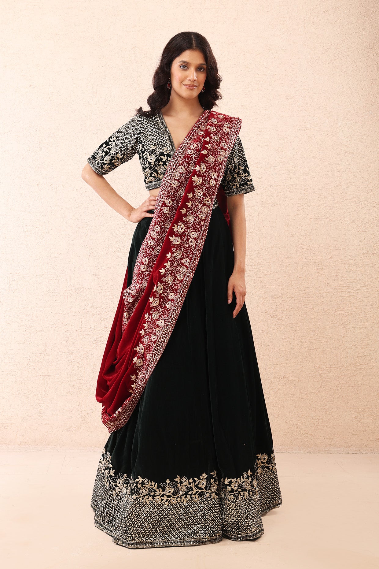 Emerald Aari Velvet Lehenga Set