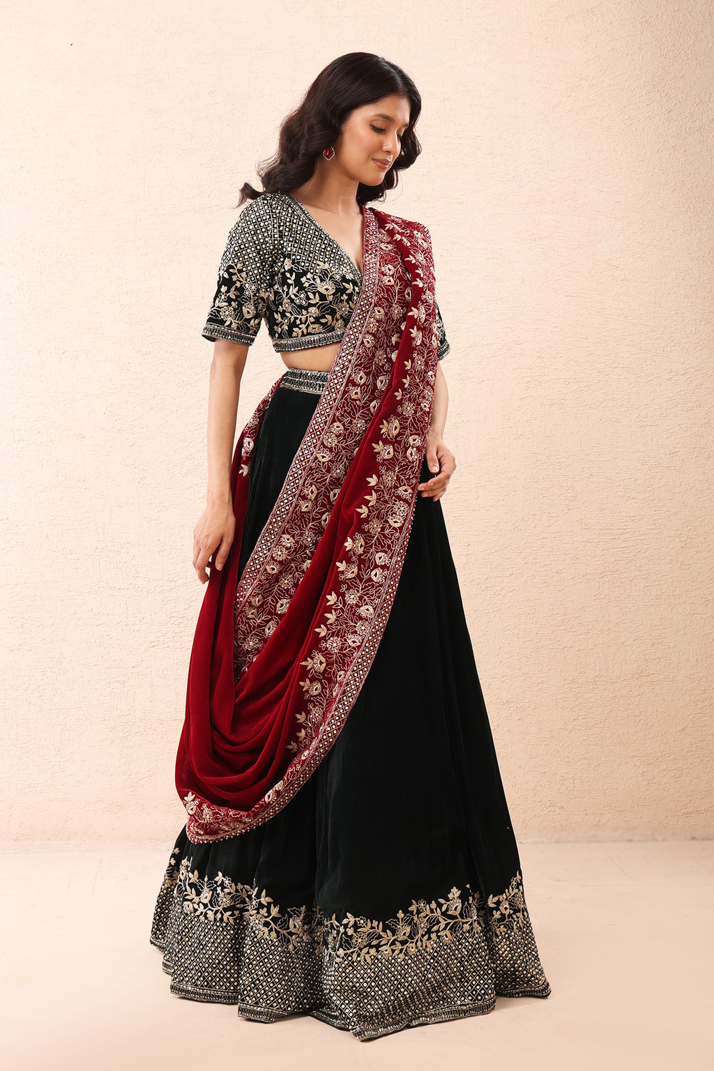 Emerald Aari Velvet Lehenga Set