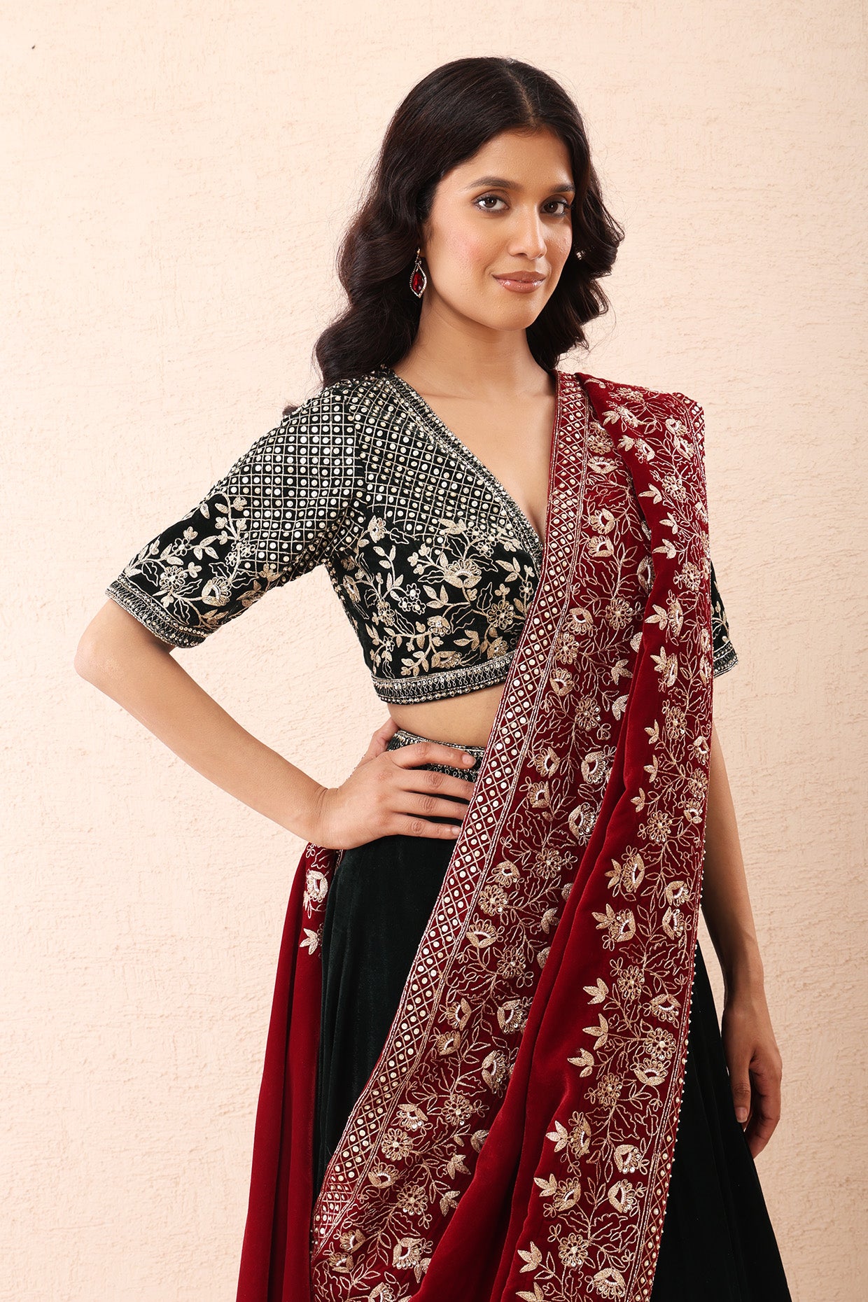 Emerald Aari Velvet Lehenga Set