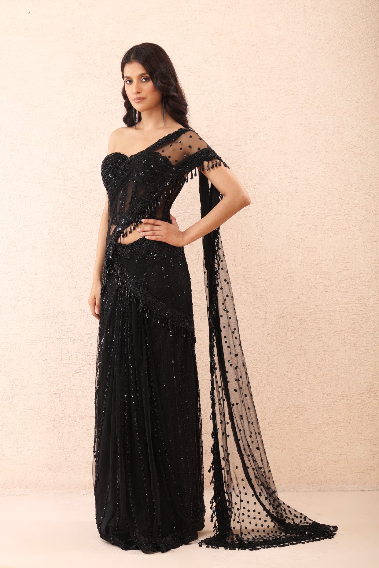 Noir Bling Drape Saree Set