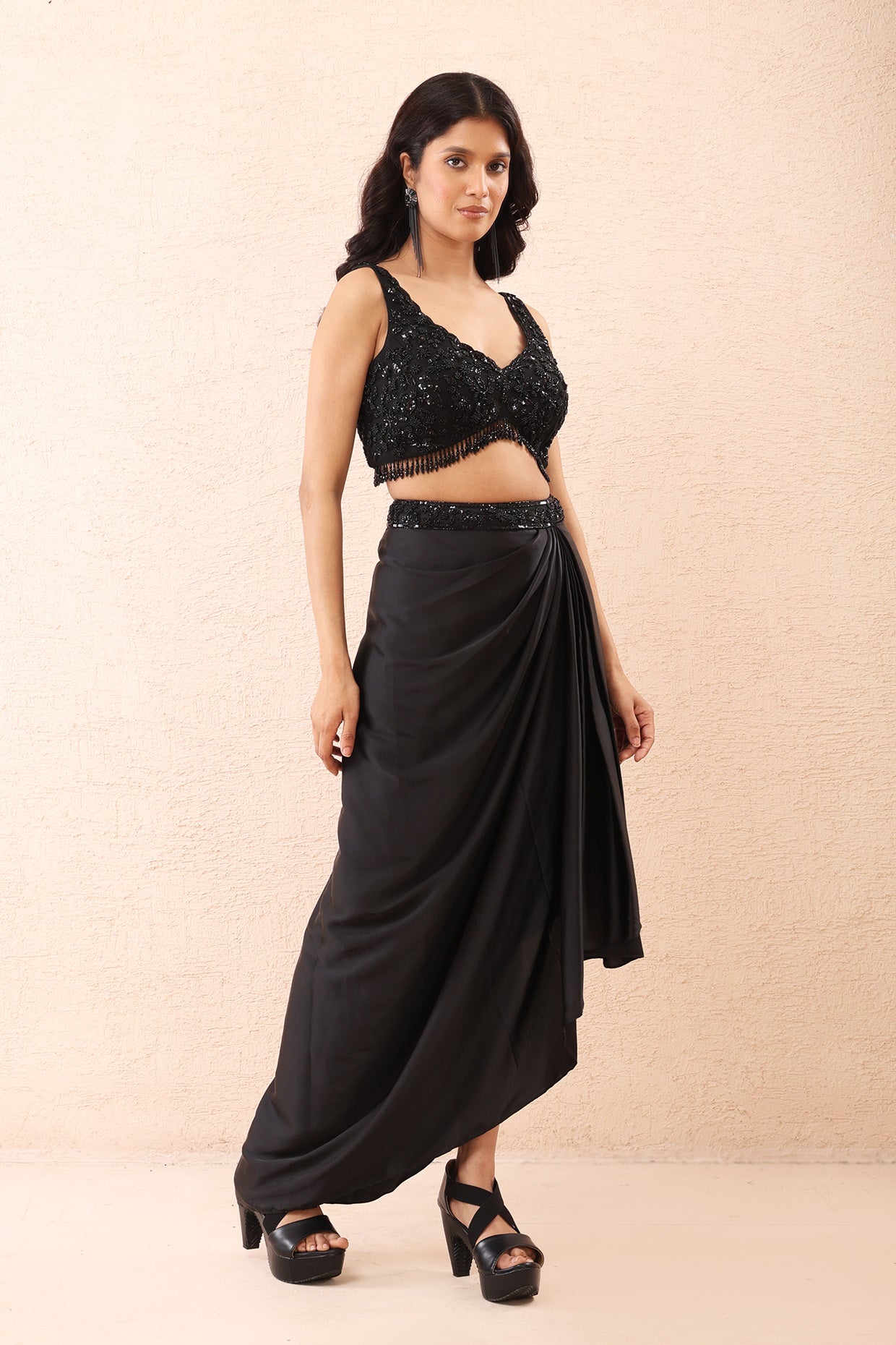 Noir Satin Dhoti Cape Set