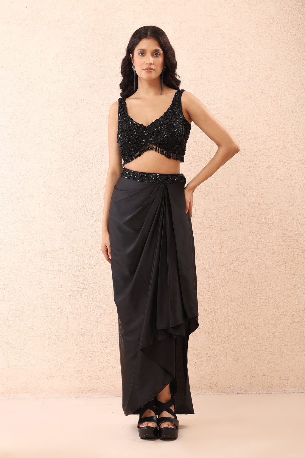 Noir Satin Dhoti Cape Set