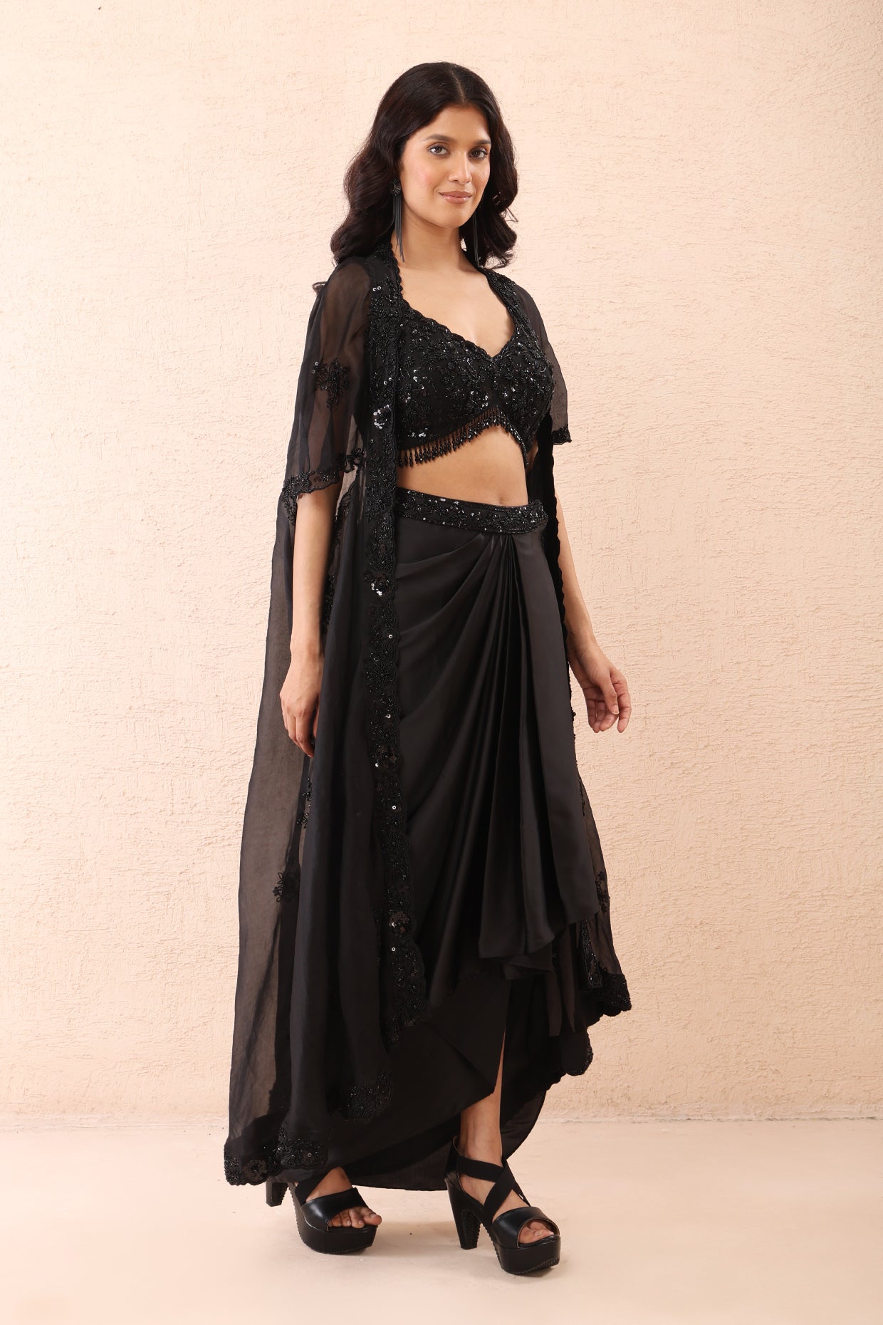 Noir Satin Dhoti Cape Set