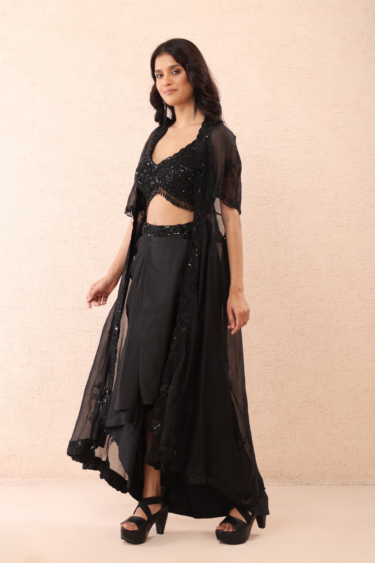 Noir Satin Dhoti Cape Set