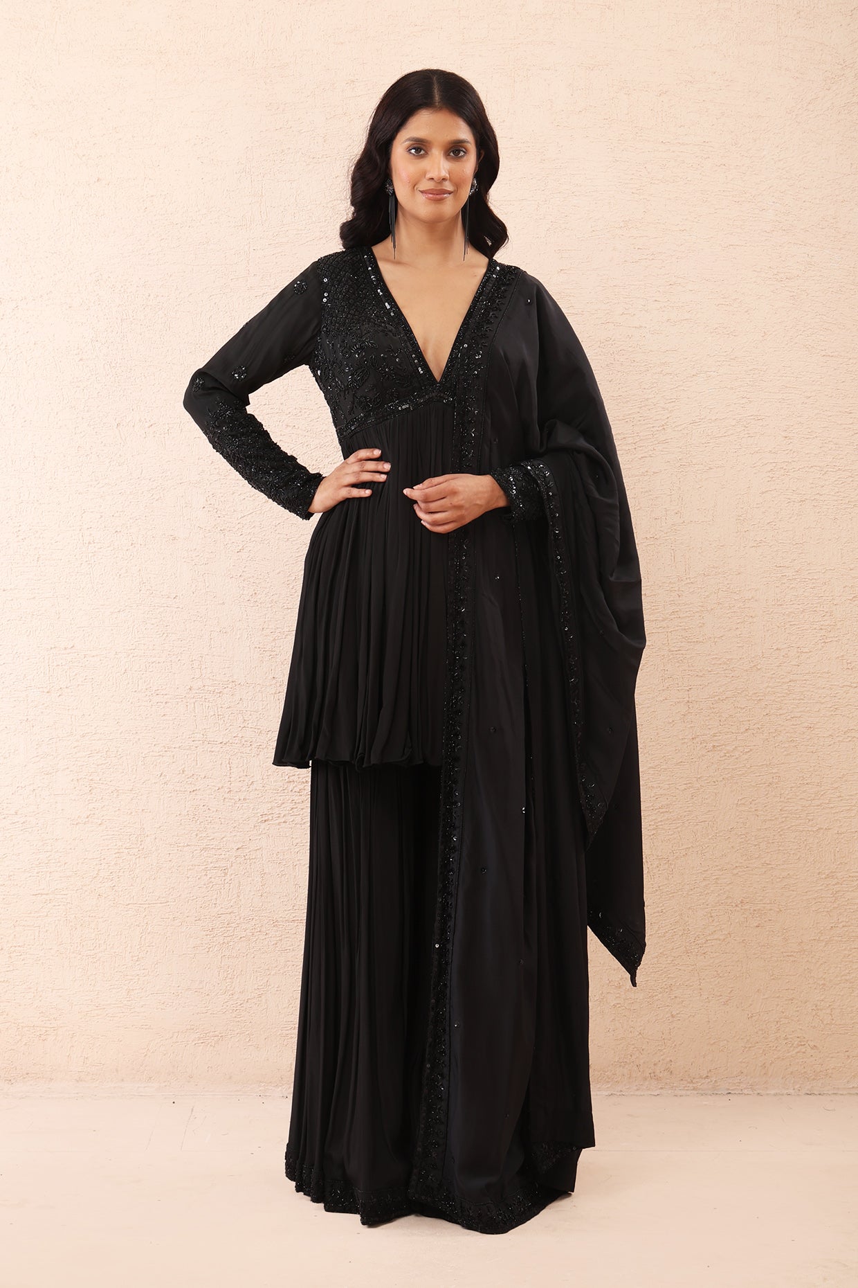 Black Embroidered Sharara Set