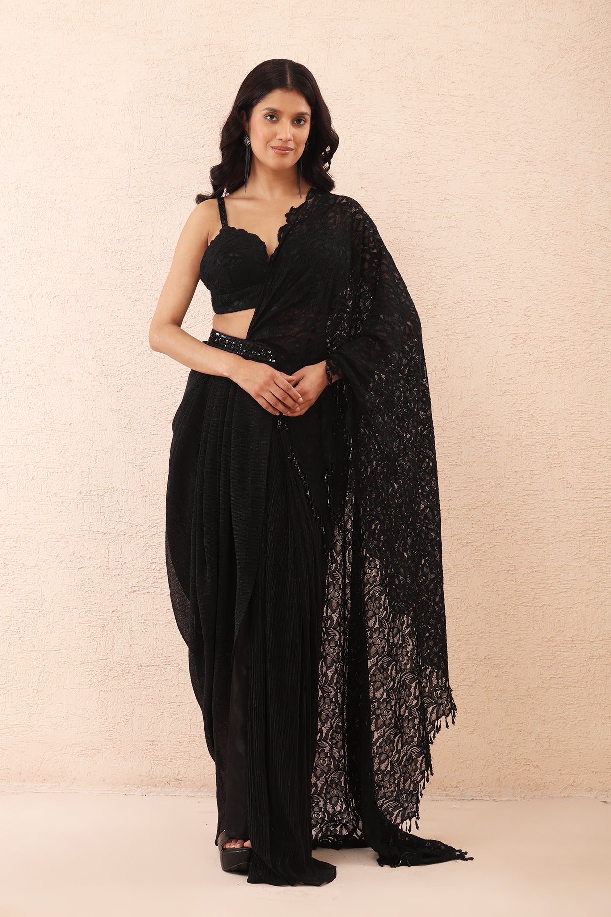 Black Drape Lace Saree