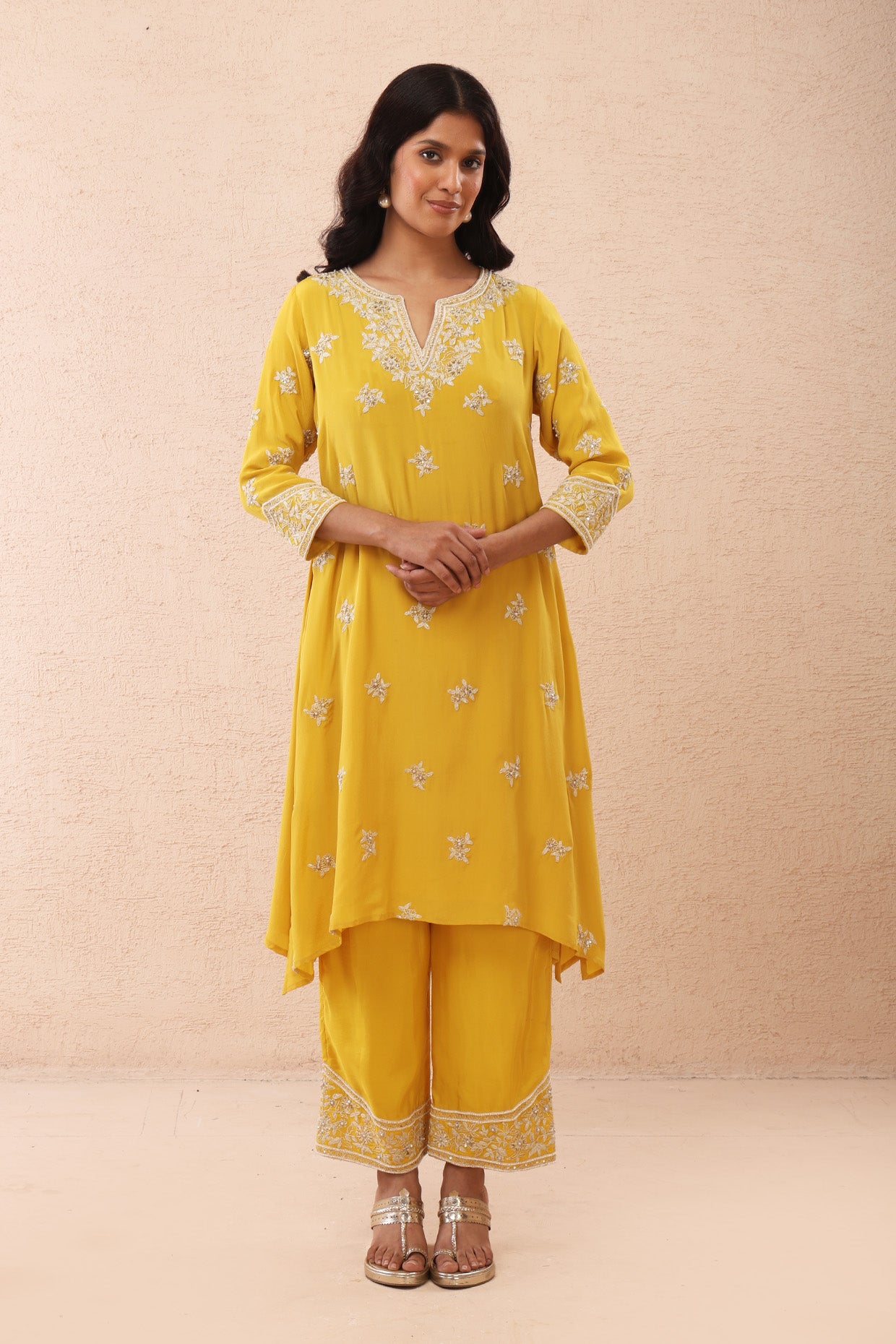 Yellow Kurta Set with Ivory Dori Embroidery