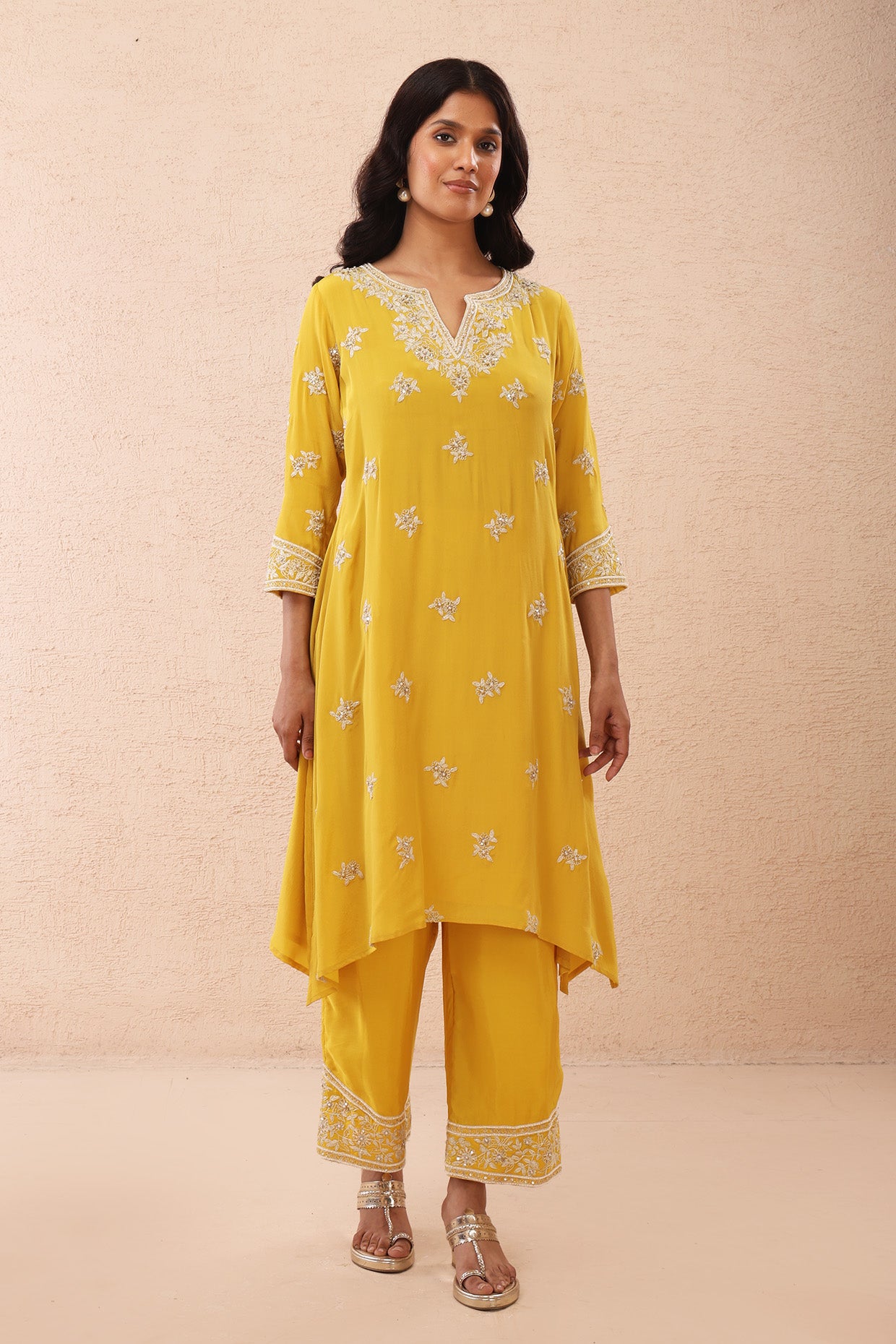 Yellow Kurta Set with Ivory Dori Embroidery