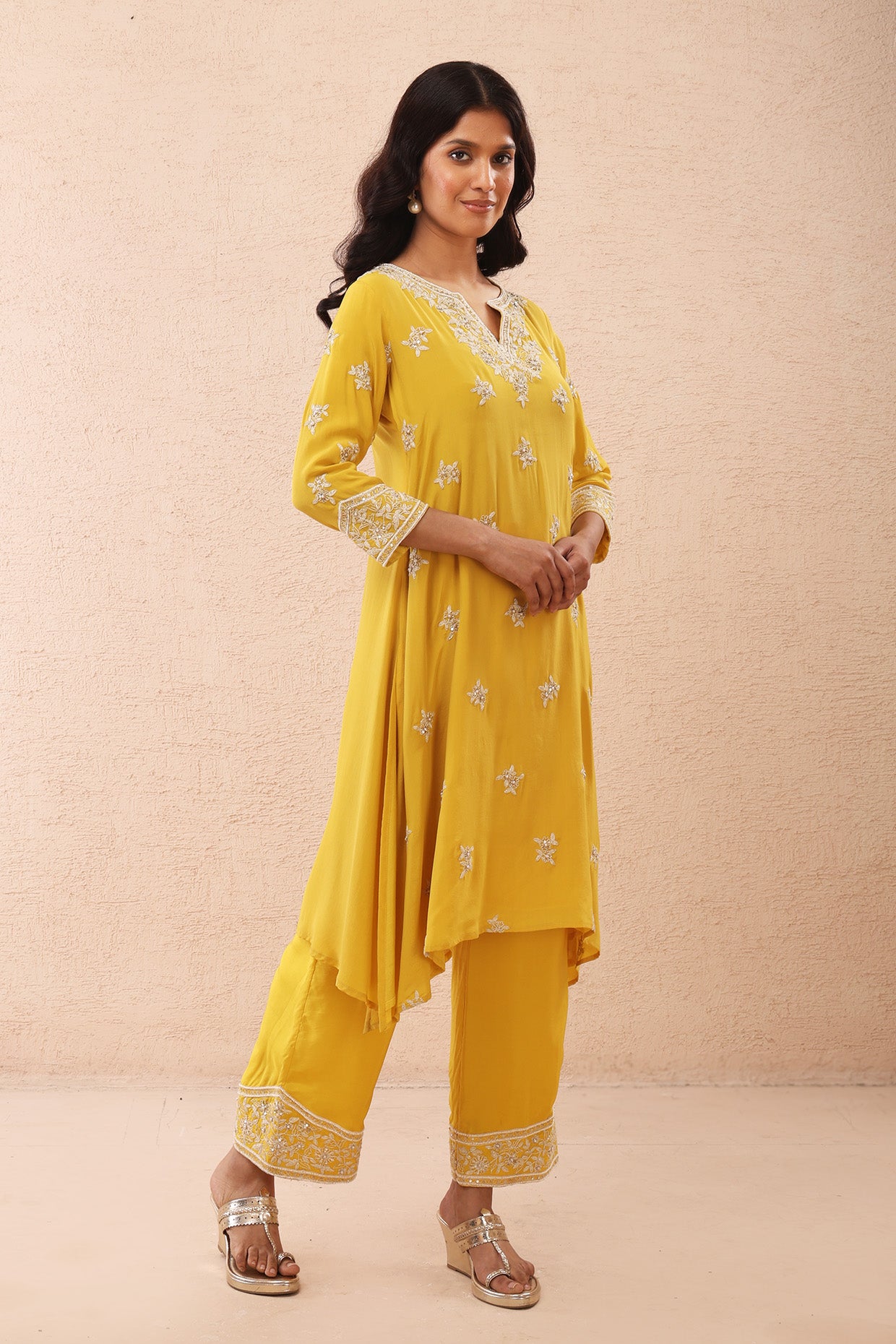 Yellow Kurta Set with Ivory Dori Embroidery