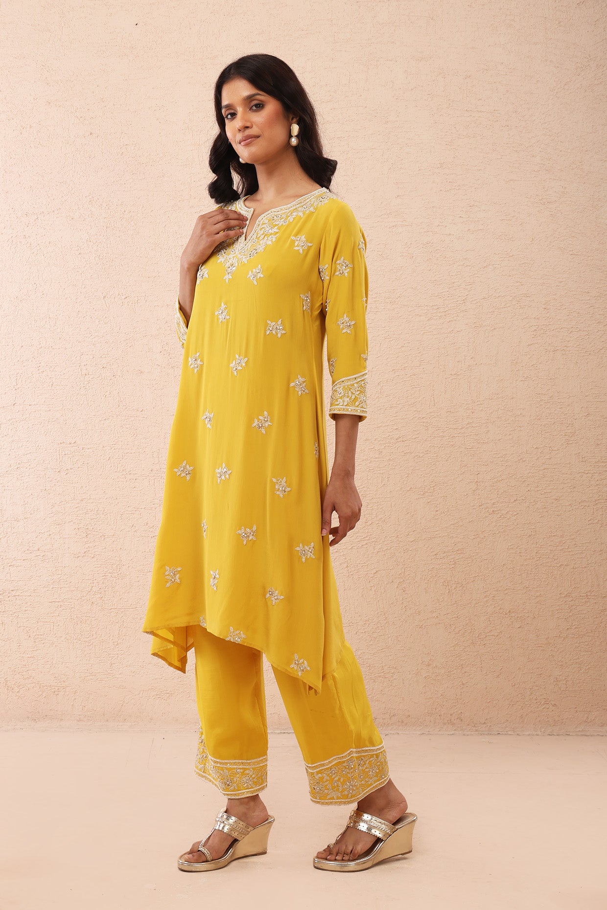 Yellow Kurta Set with Ivory Dori Embroidery