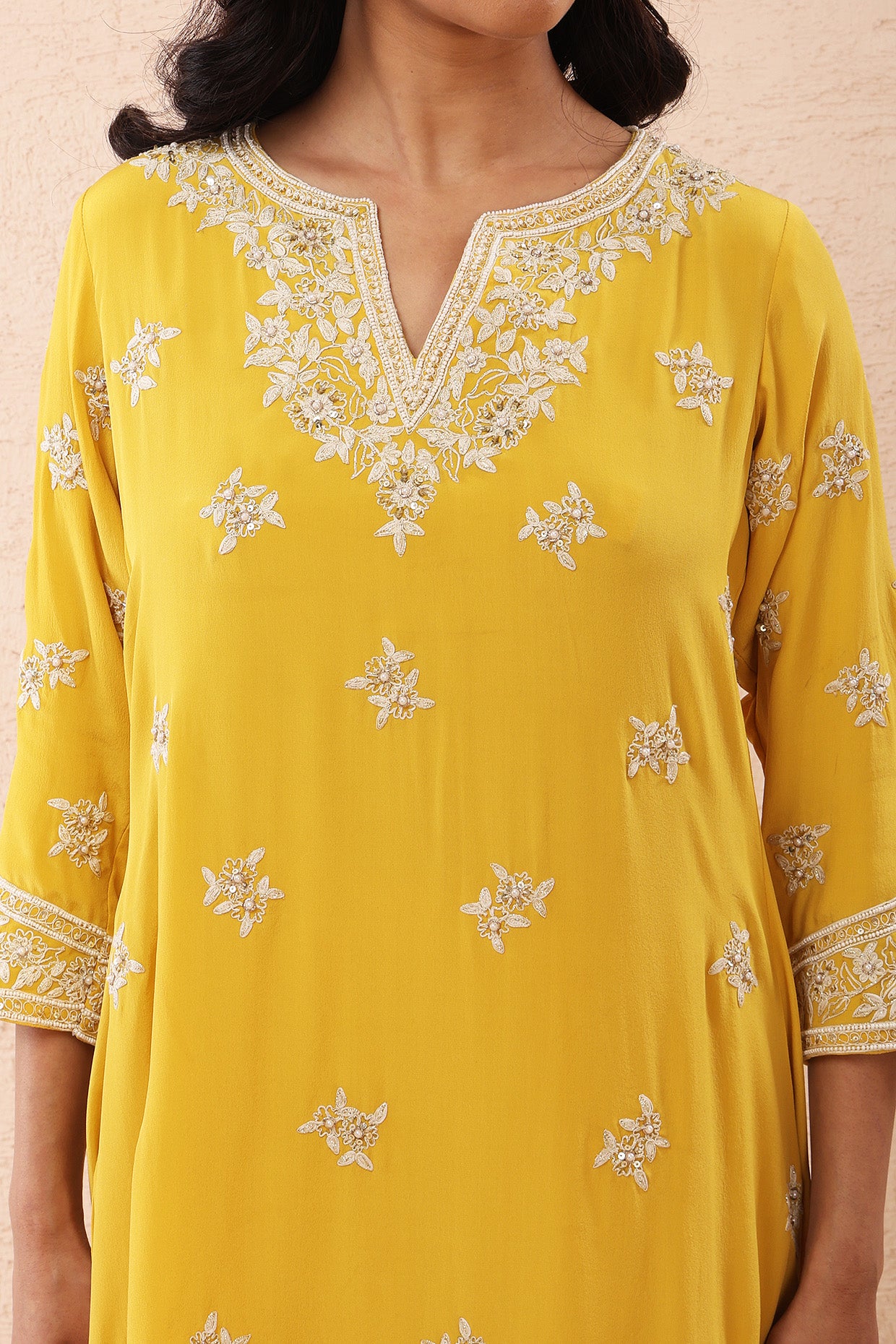 Yellow Kurta Set with Ivory Dori Embroidery