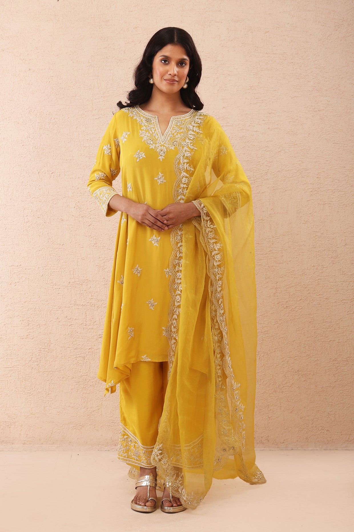 Yellow Kurta Set with Ivory Dori Embroidery