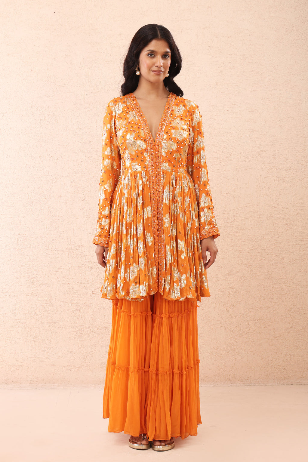 Orange Shimmer  Peplum Sharara Set