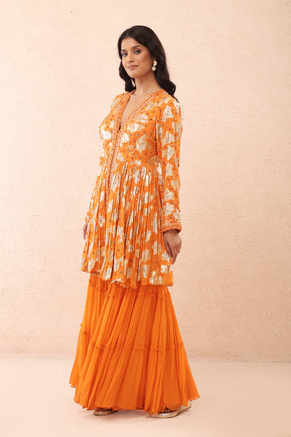 Orange Shimmer  Peplum Sharara Set