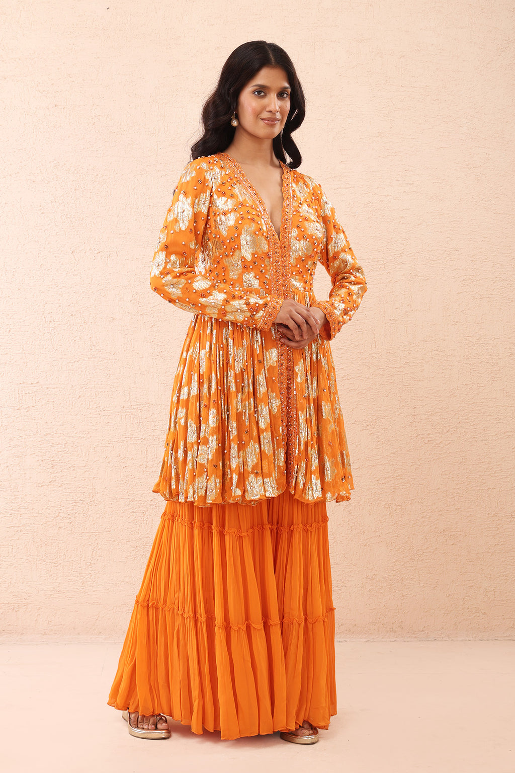 Orange Shimmer  Peplum Sharara Set