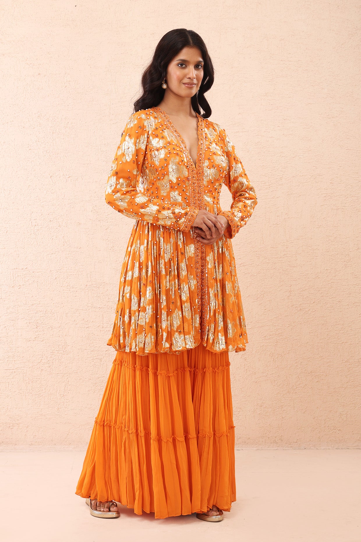 Orange Shimmer  Peplum Sharara Set