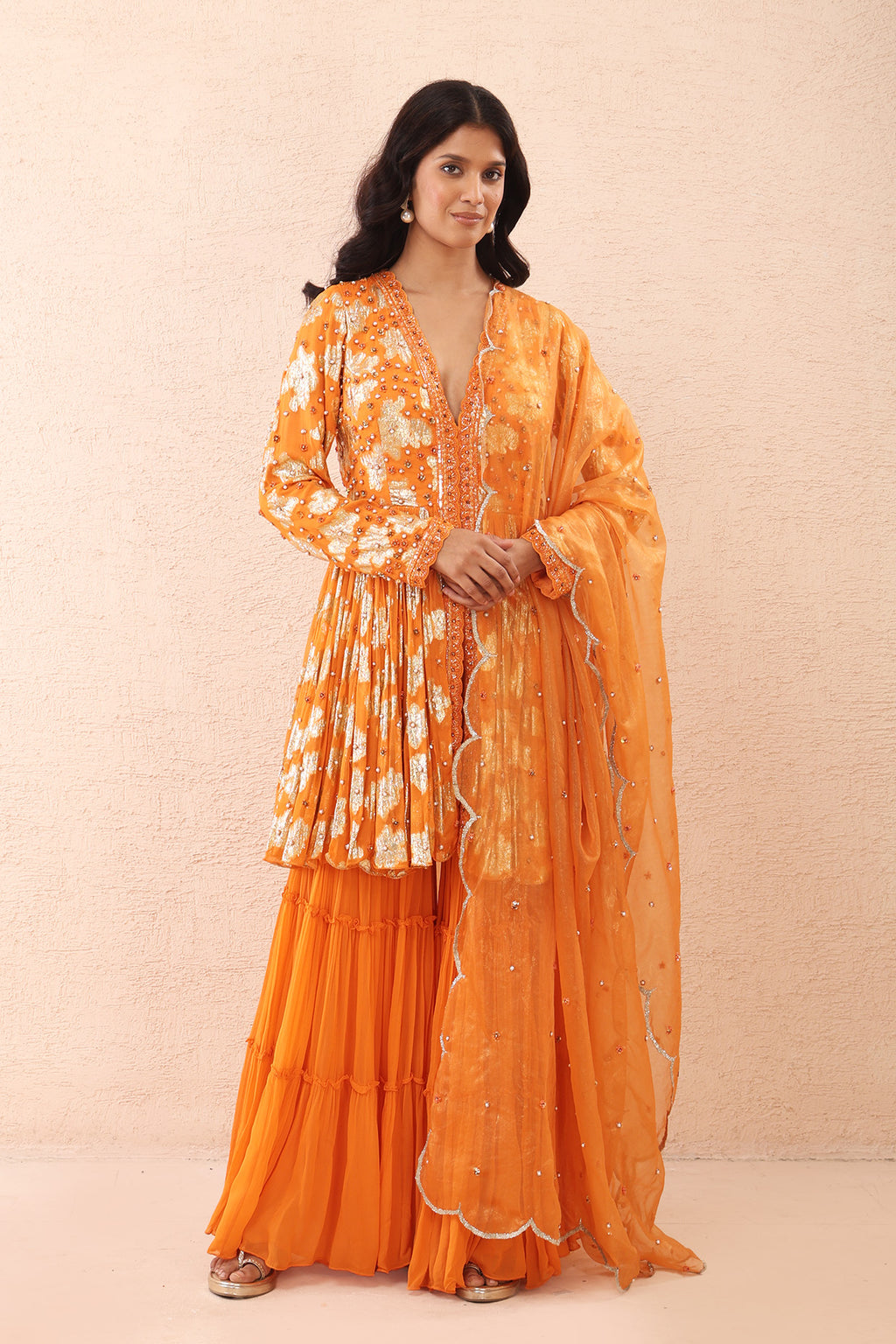 Orange Shimmer  Peplum Sharara Set