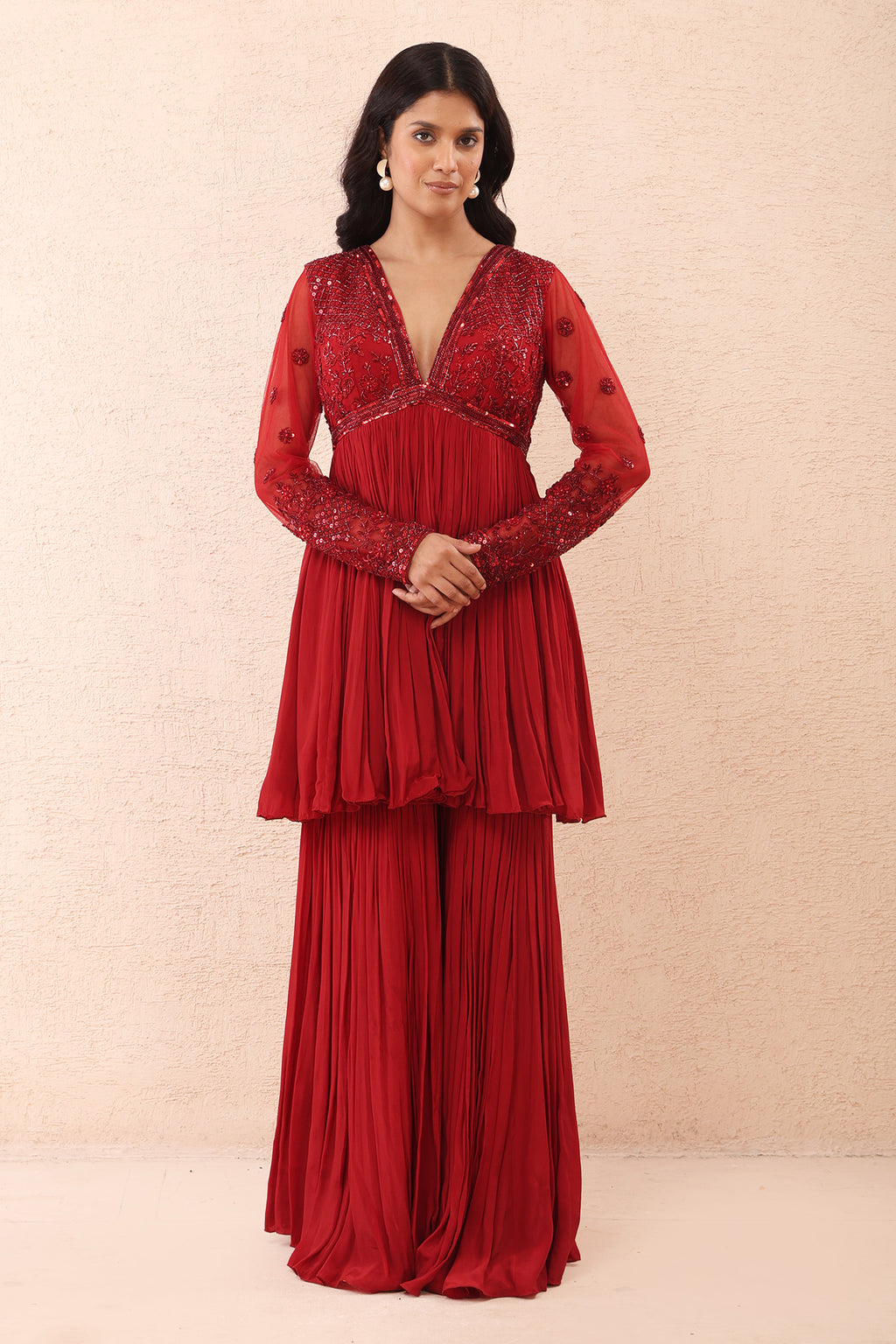 Deep Red Peplum Sharara Set