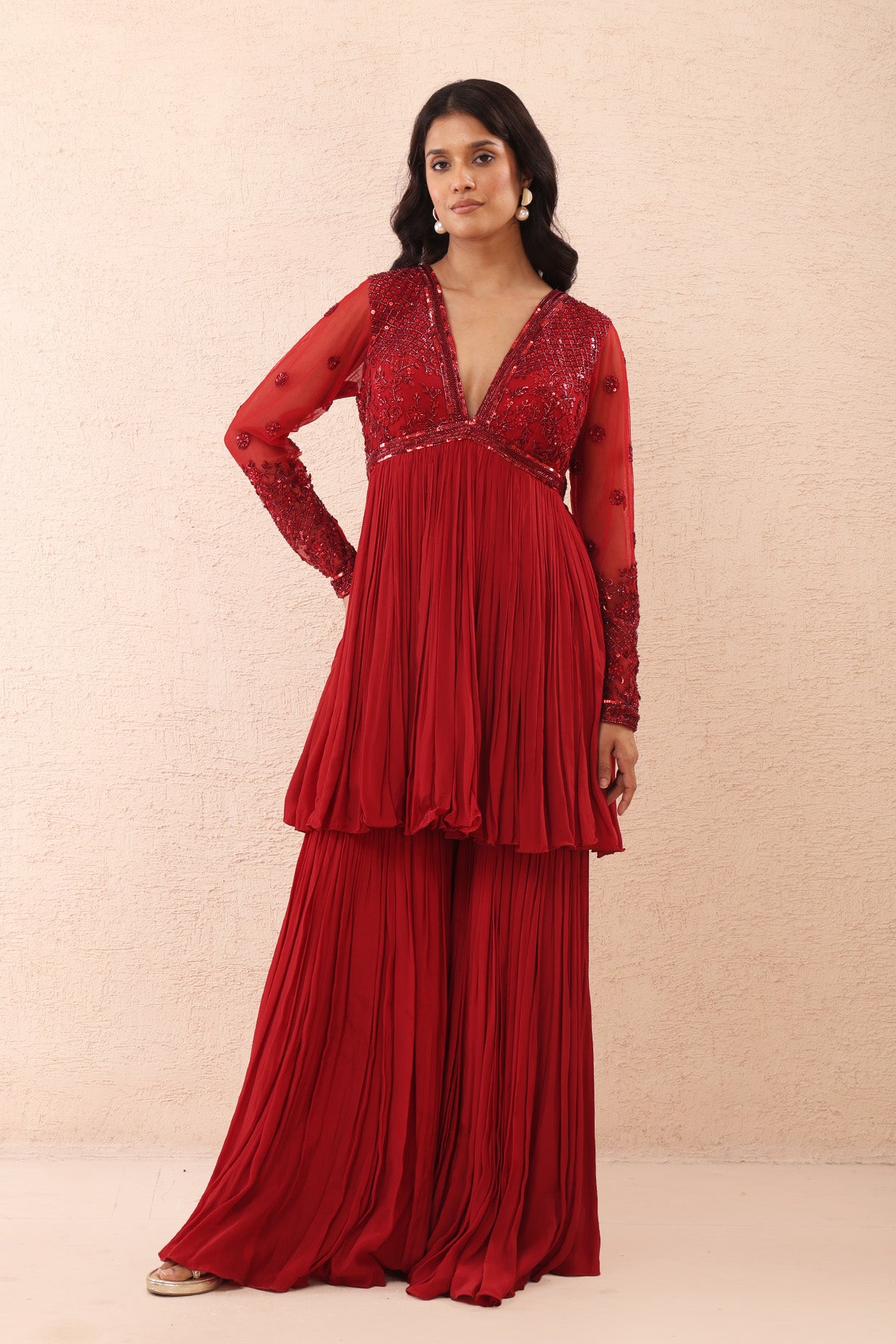 Deep Red Peplum Sharara Set