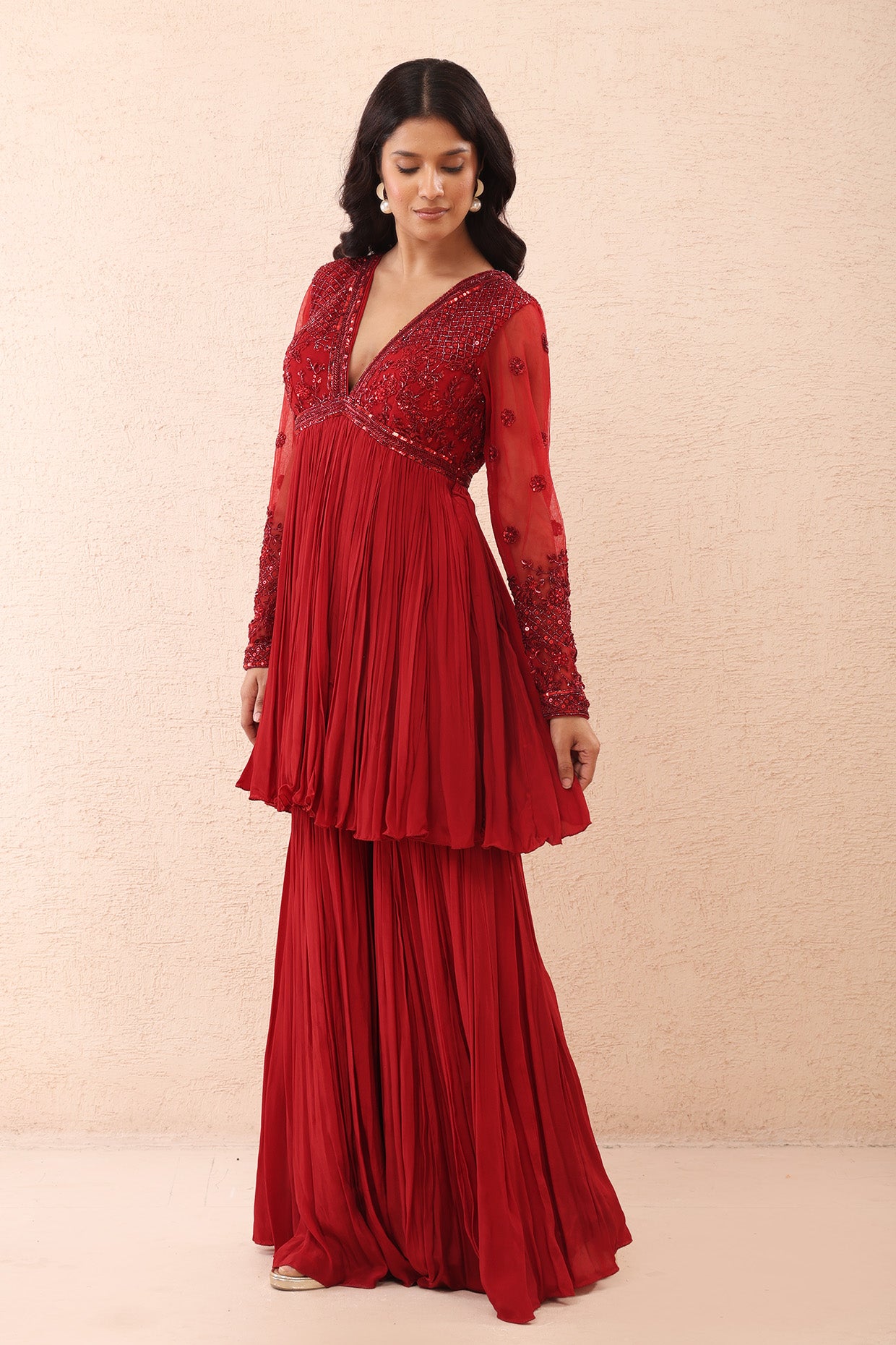 Deep Red Peplum Sharara Set