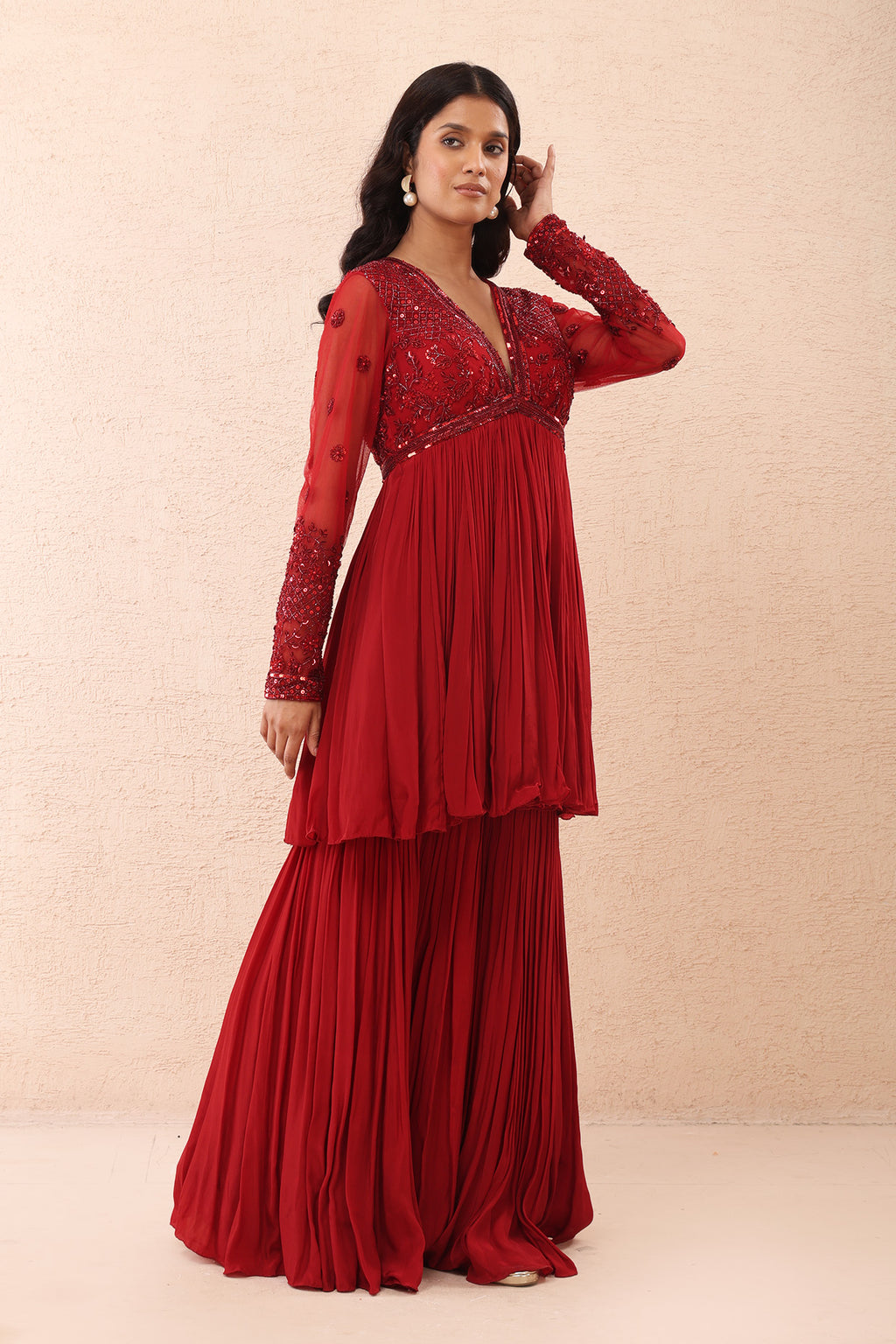 Deep Red Peplum Sharara Set