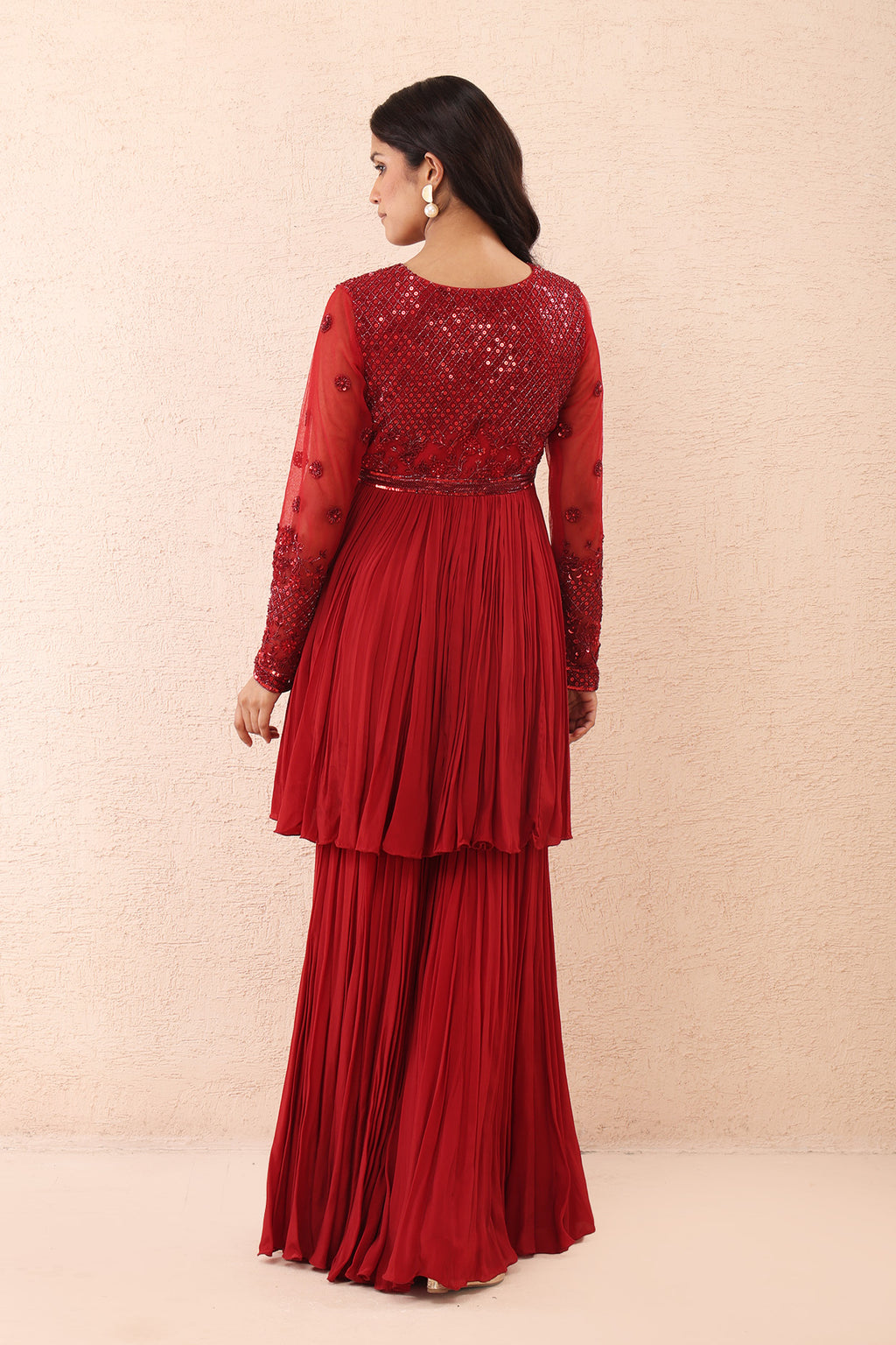 Deep Red Peplum Sharara Set