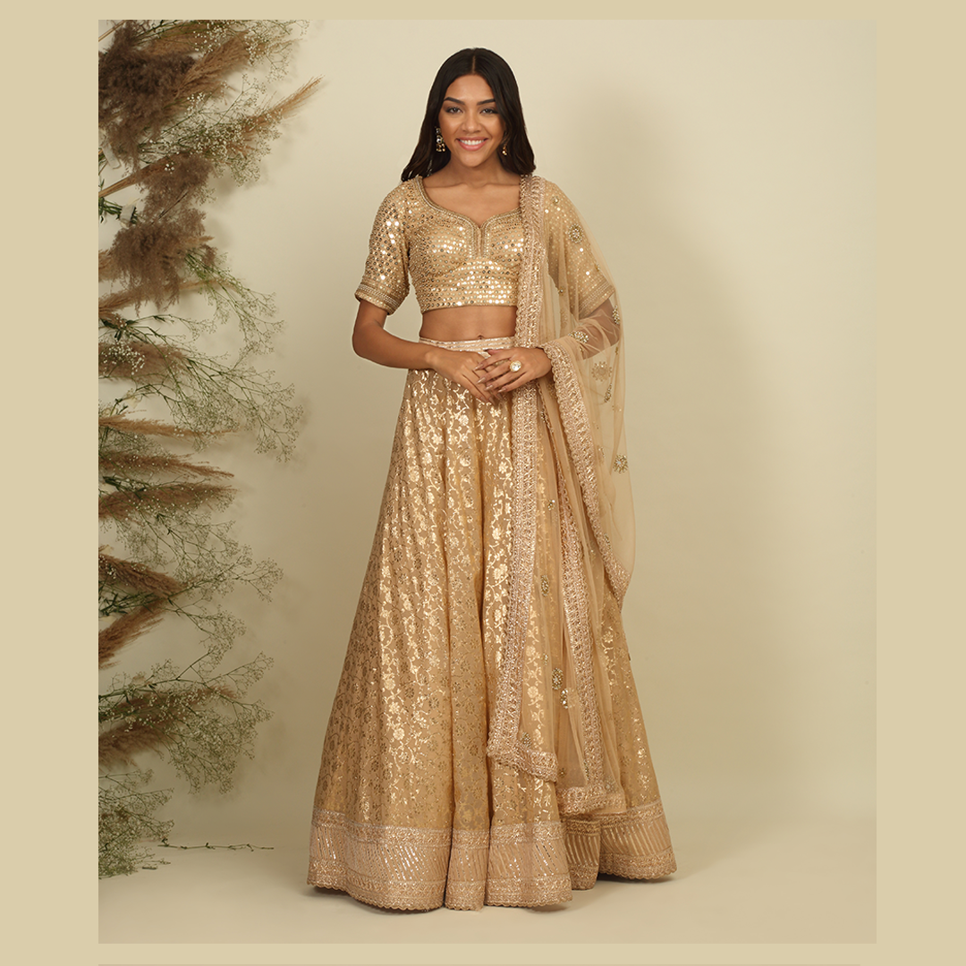 Golden Chanderi Lehenga Set