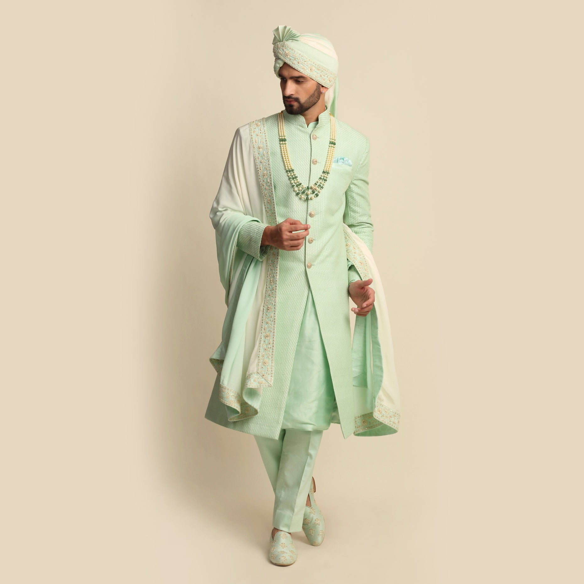 Mint Green Quilted Silk Full Groom Attire